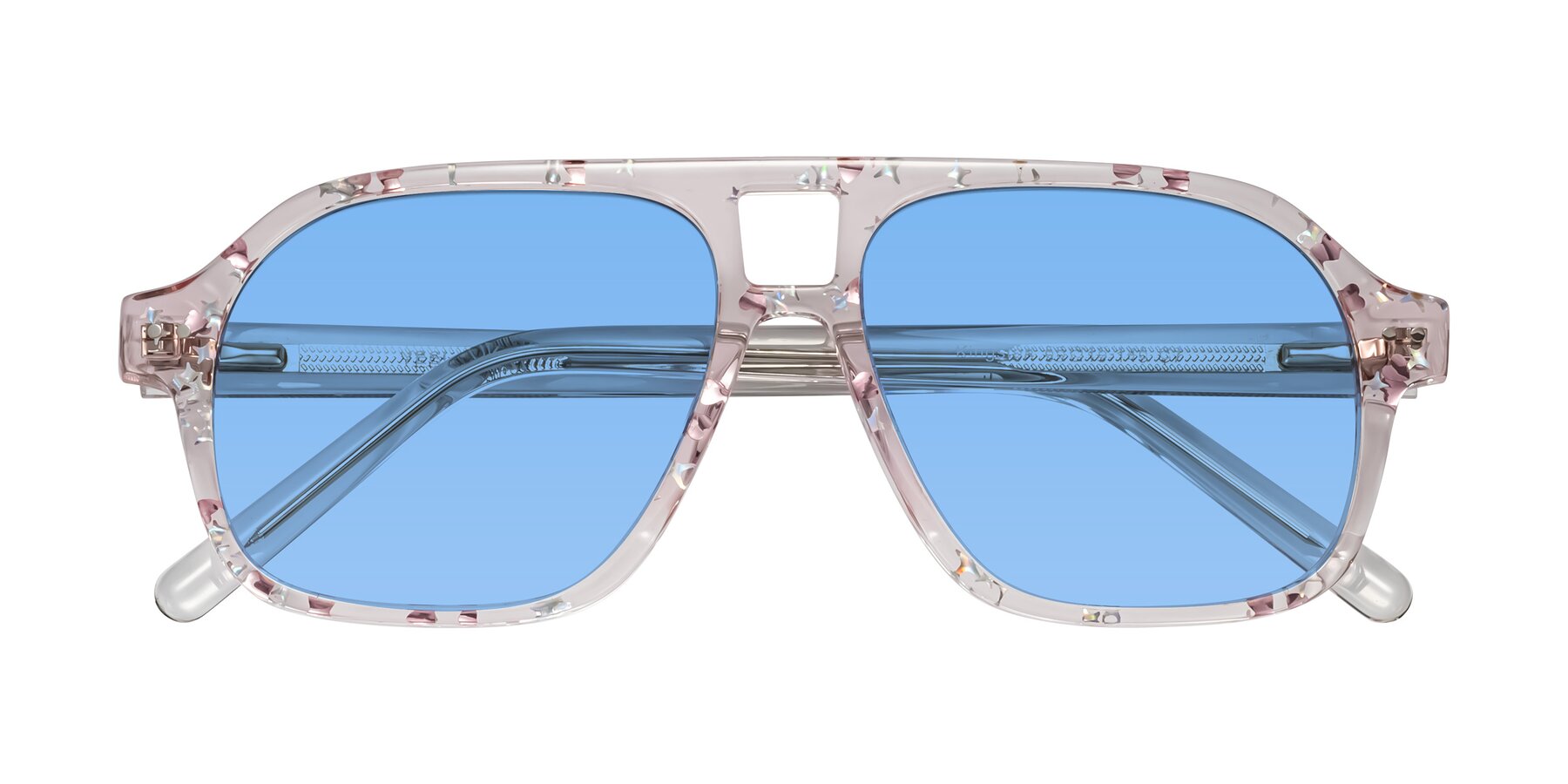 Folded Front of Kingston in Sparkling Blush with Medium Blue Tinted Lenses