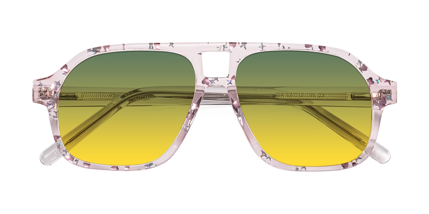 Folded Front of Kingston in Sparkling Blush with Green / Yellow Gradient Lenses