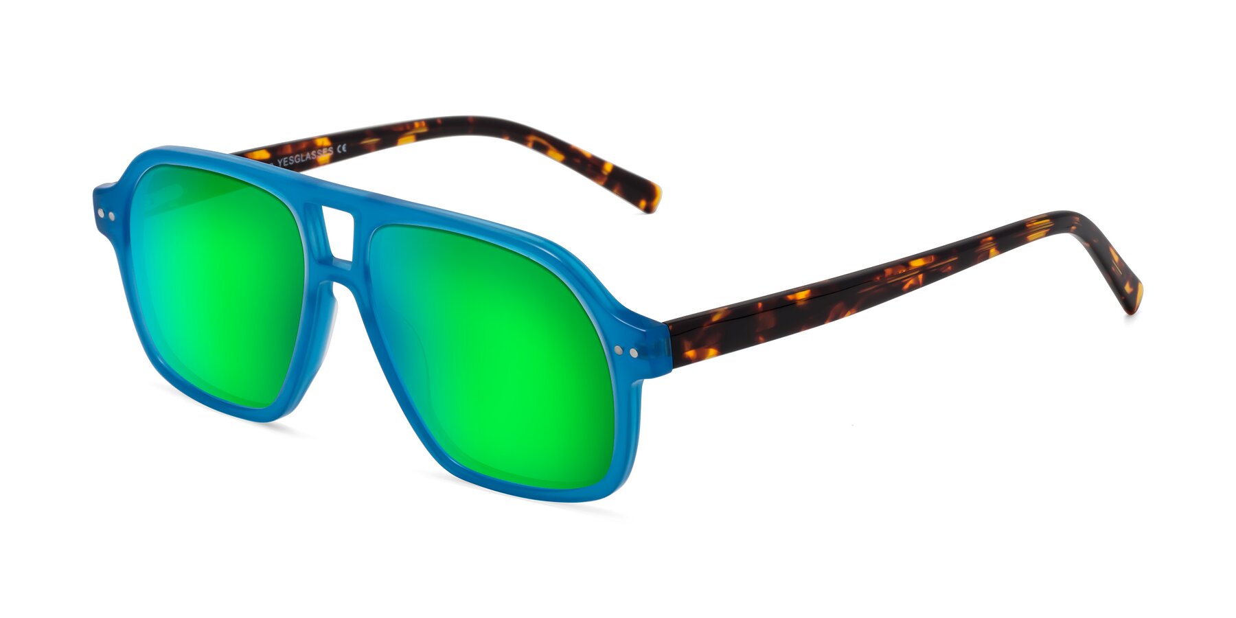 Angle of Kingston in Sky Blue-Tortoise with Green Mirrored Lenses