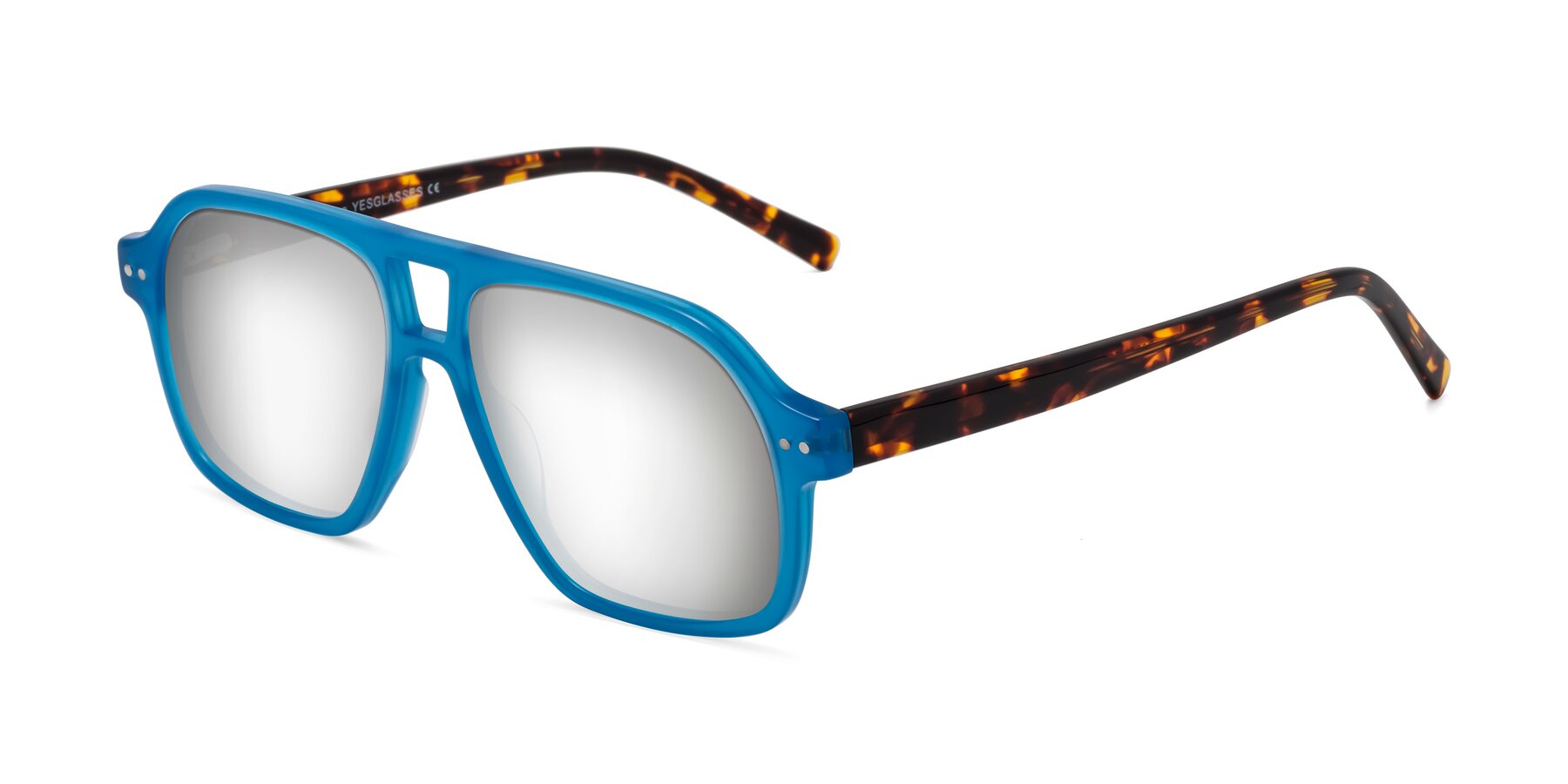 Angle of Kingston in Sky Blue-Tortoise with Silver Mirrored Lenses