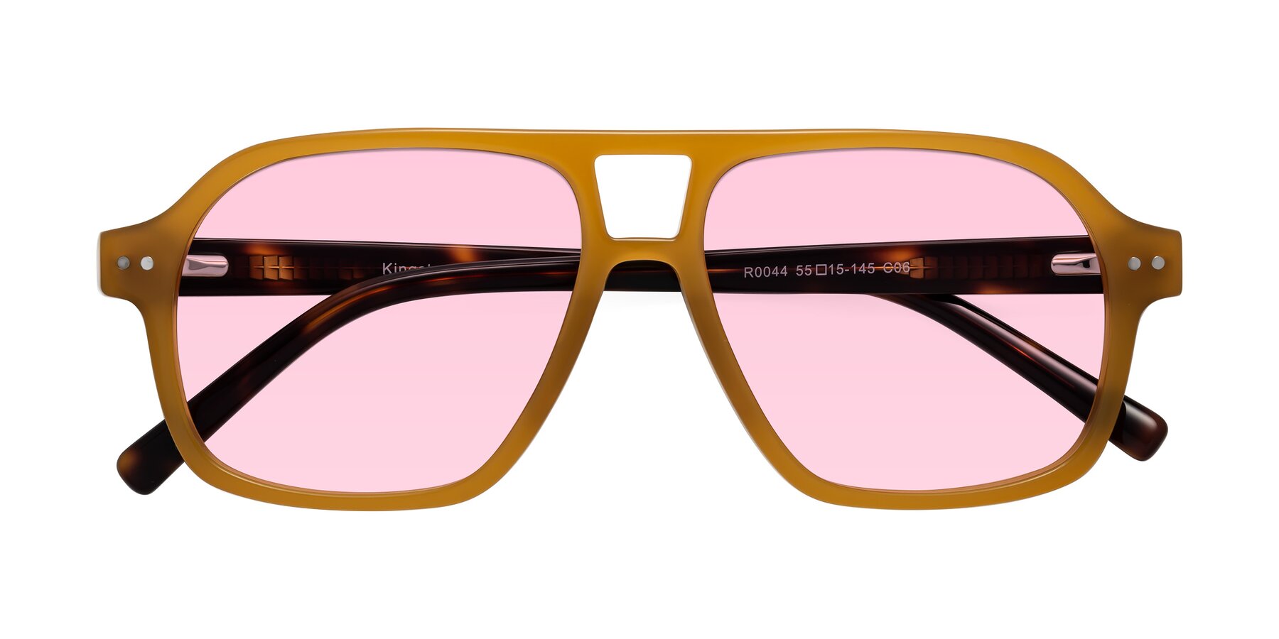 Folded Front of Kingston in Caramel-Tortoise with Light Pink Tinted Lenses