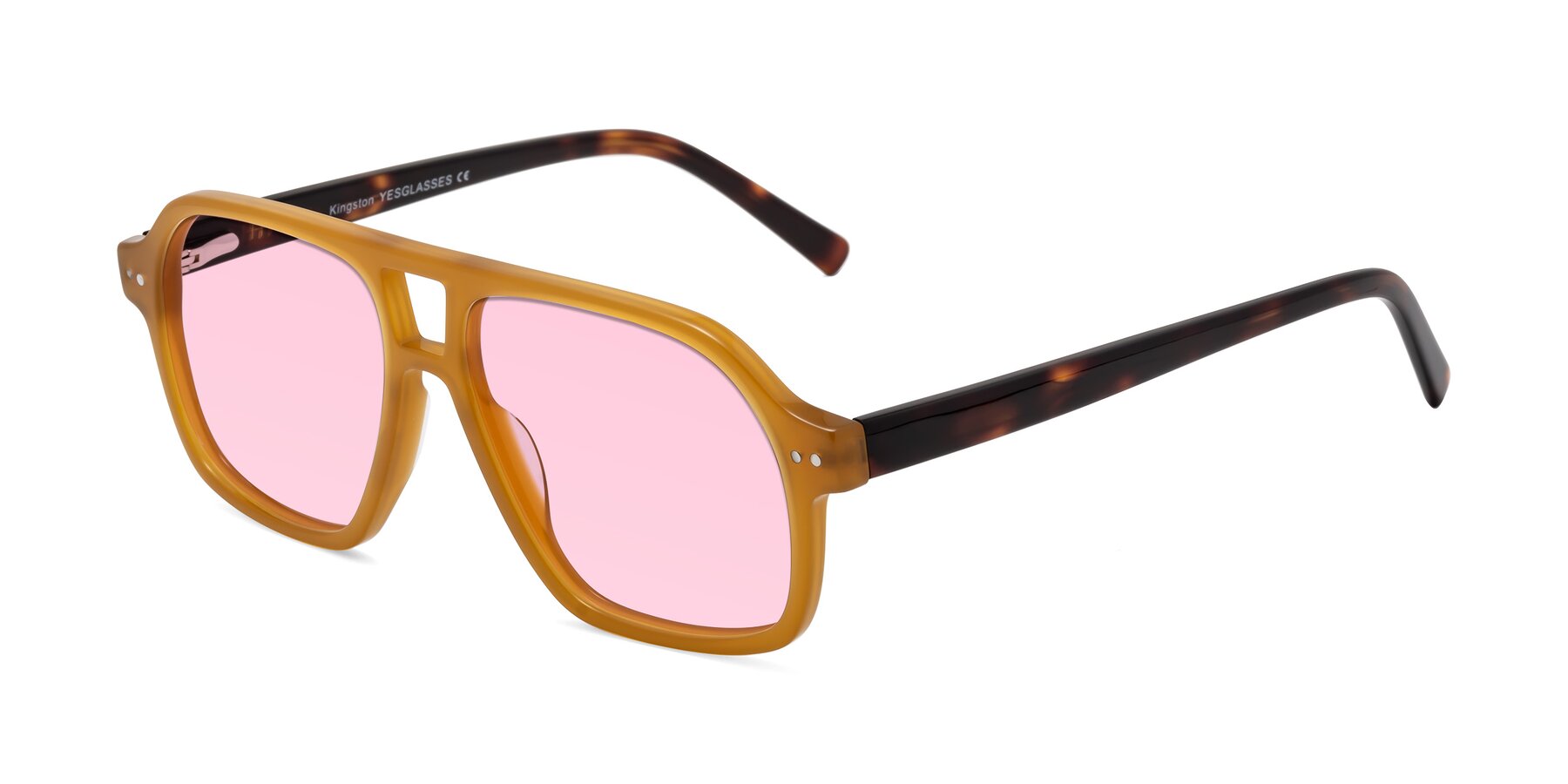 Angle of Kingston in Caramel-Tortoise with Light Pink Tinted Lenses