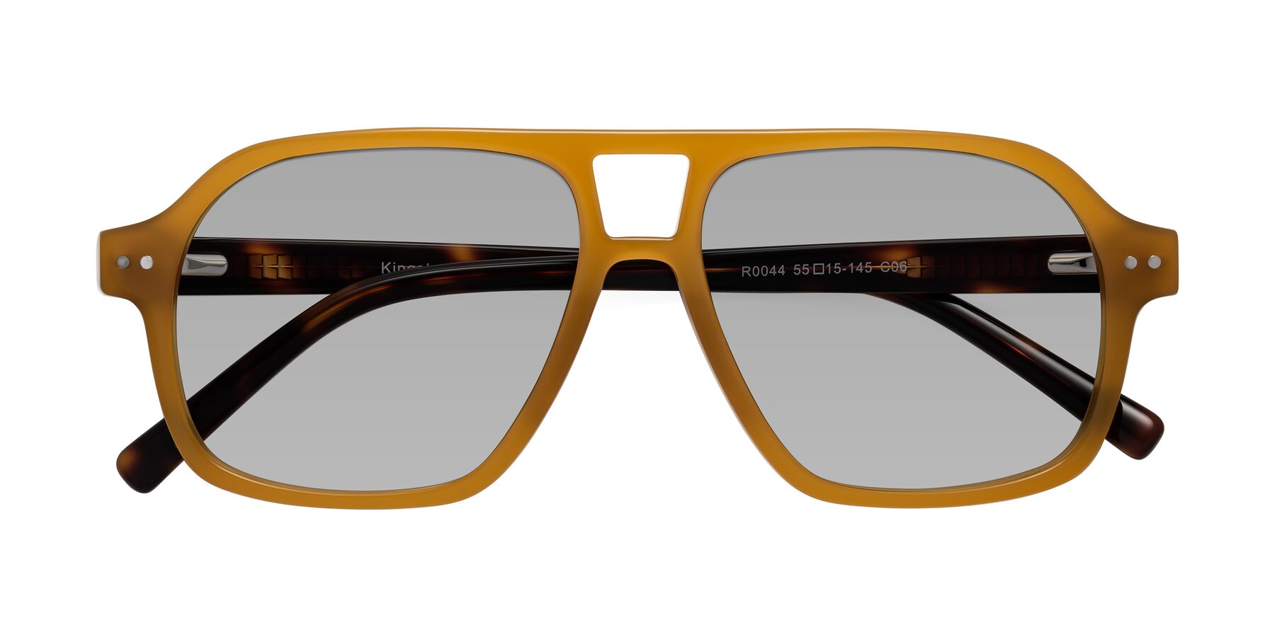 Folded Front of Kingston in Caramel-Tortoise with Light Gray Tinted Lenses