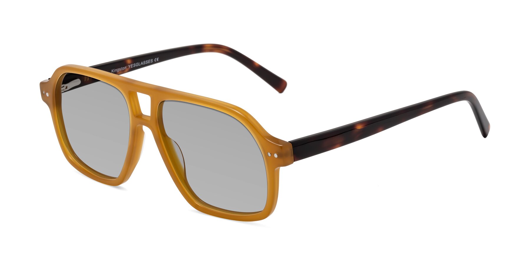 Angle of Kingston in Caramel-Tortoise with Light Gray Tinted Lenses