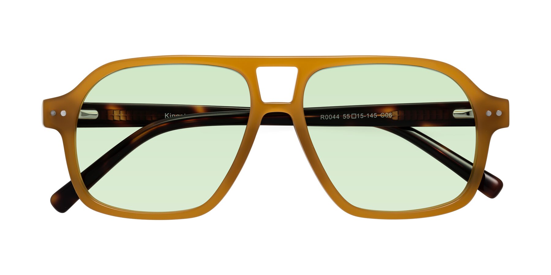 Folded Front of Kingston in Caramel-Tortoise with Light Green Tinted Lenses