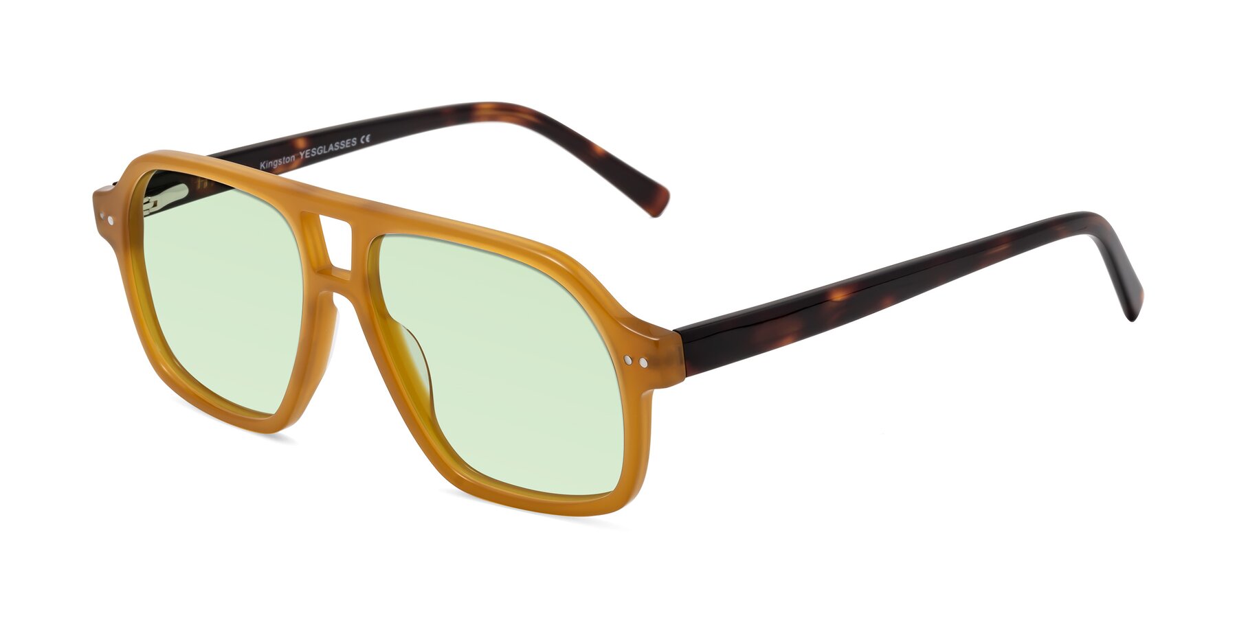 Angle of Kingston in Caramel-Tortoise with Light Green Tinted Lenses