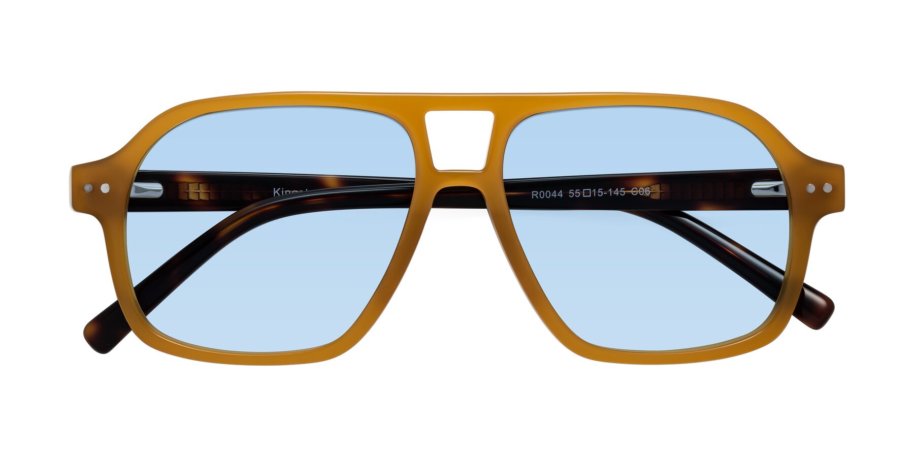 Folded Front of Kingston in Caramel-Tortoise with Light Blue Tinted Lenses