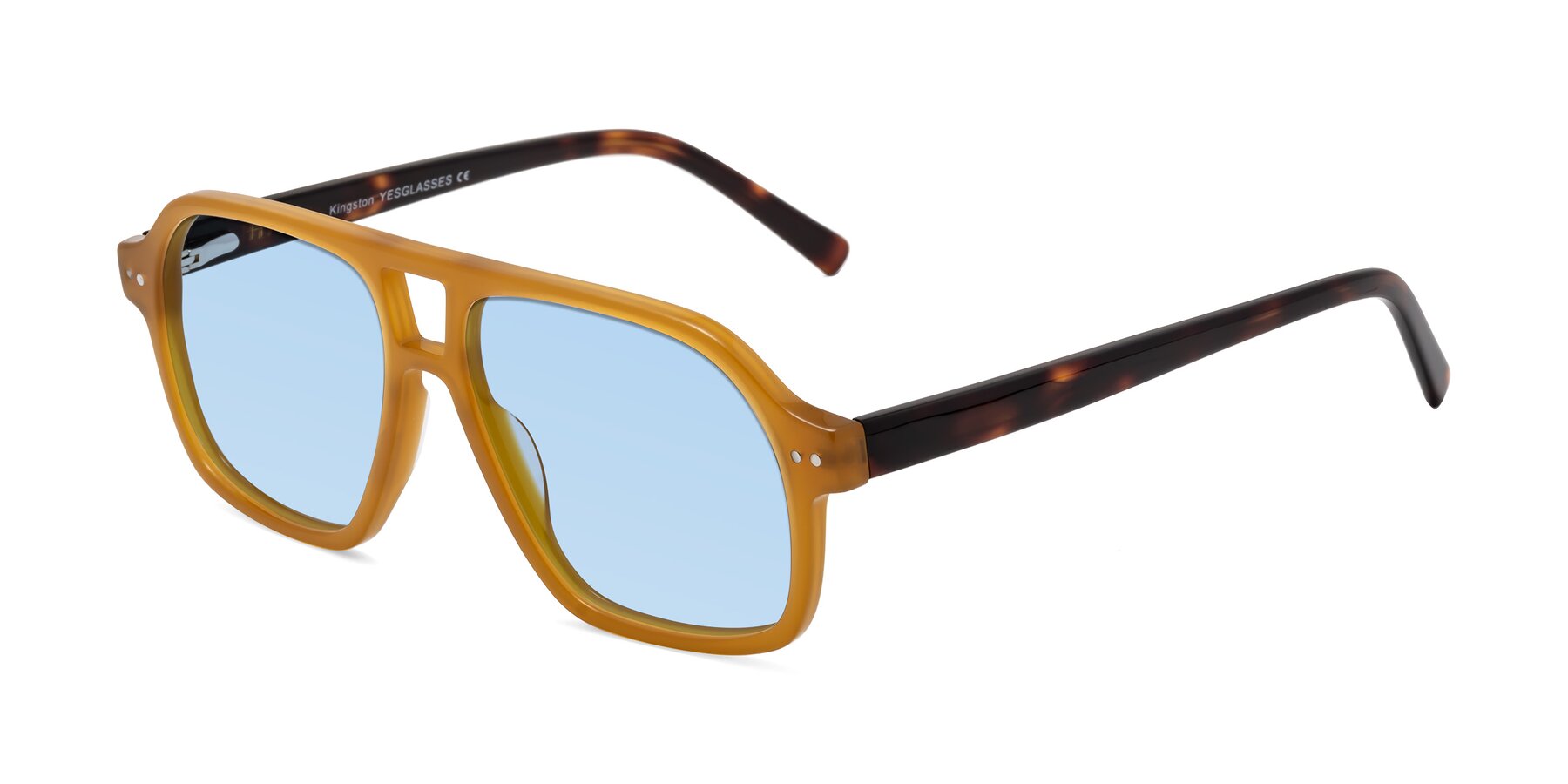 Angle of Kingston in Caramel-Tortoise with Light Blue Tinted Lenses