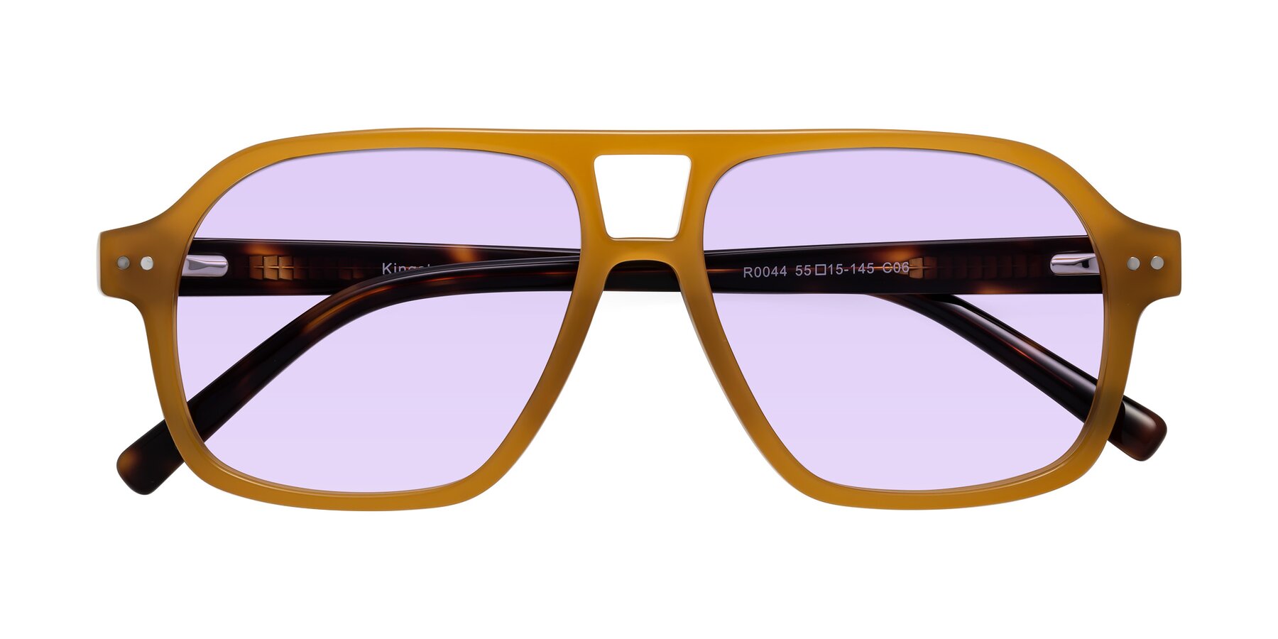 Folded Front of Kingston in Caramel-Tortoise with Light Purple Tinted Lenses