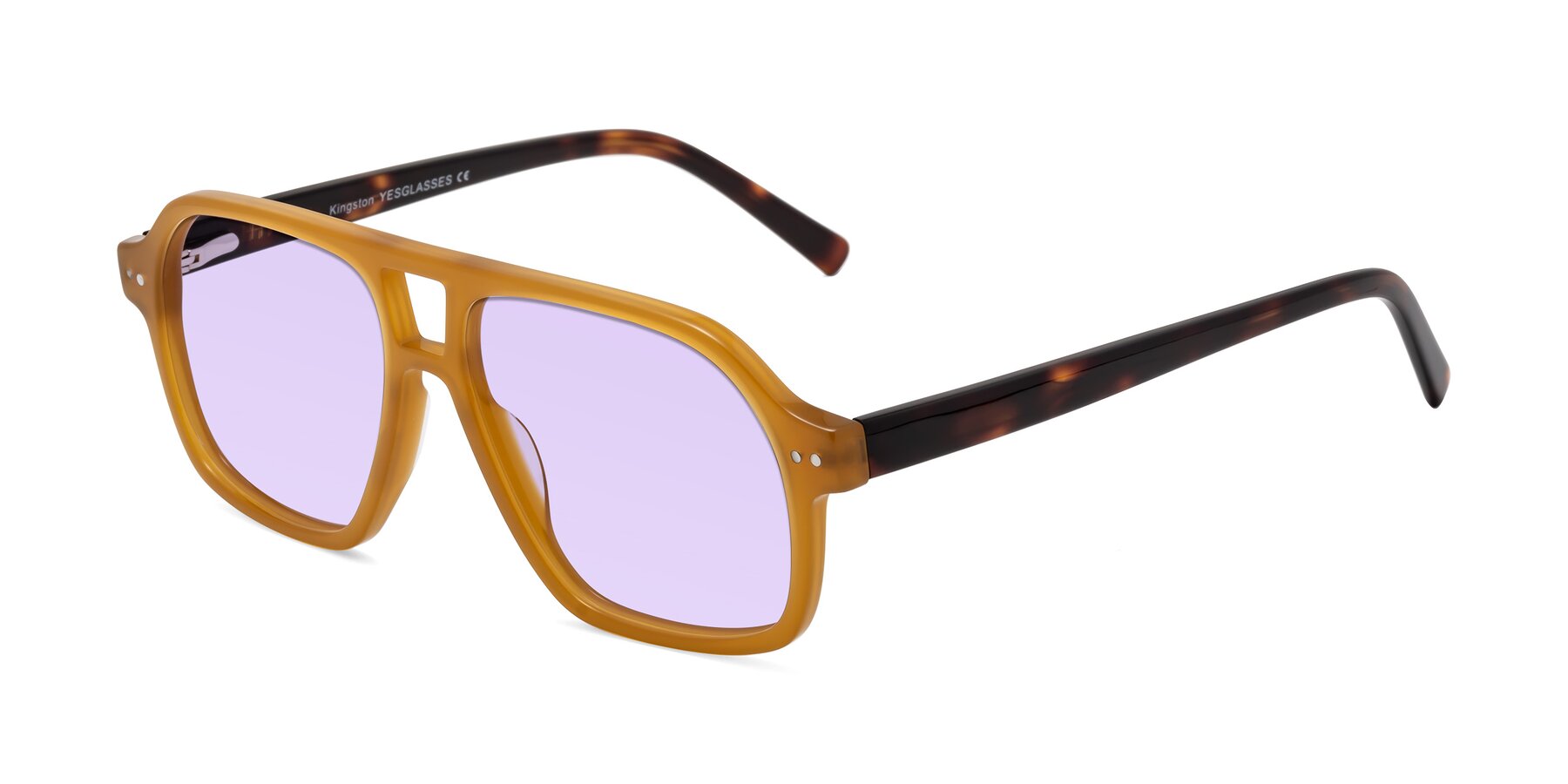 Angle of Kingston in Caramel-Tortoise with Light Purple Tinted Lenses