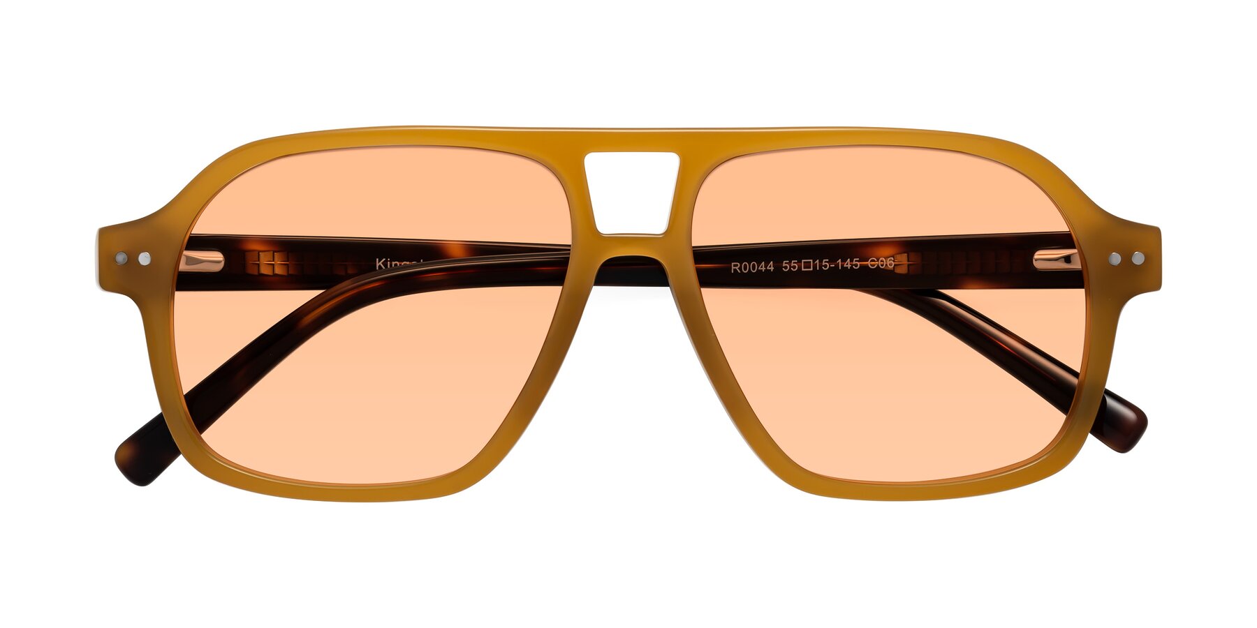 Folded Front of Kingston in Caramel-Tortoise with Light Orange Tinted Lenses