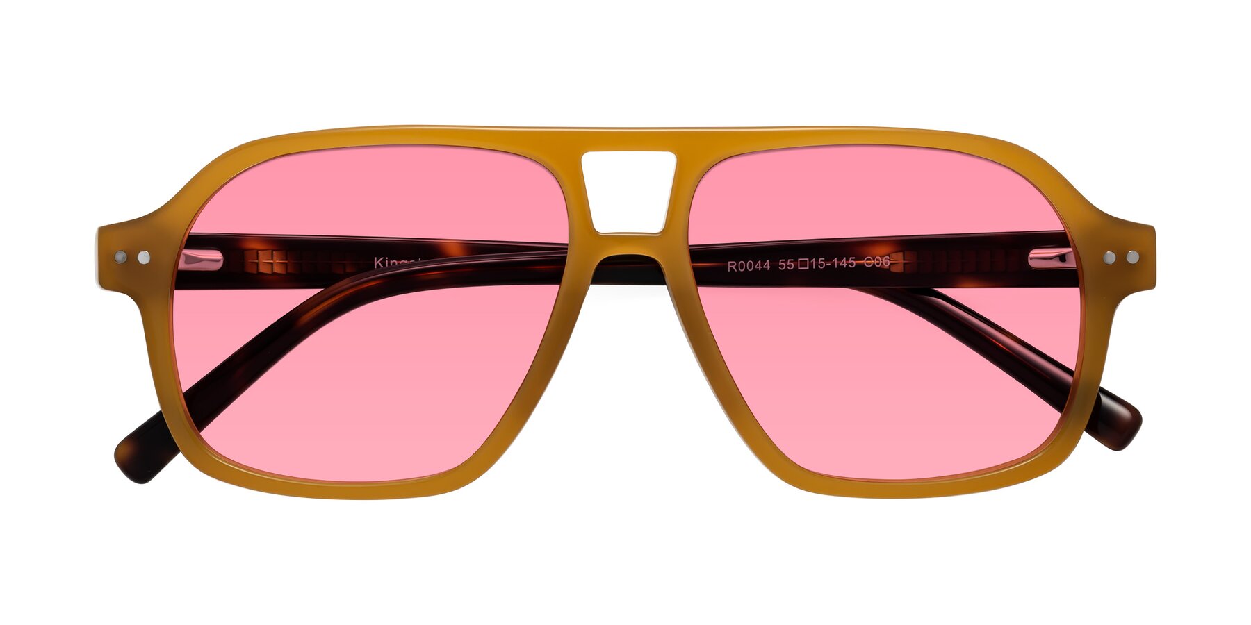 Folded Front of Kingston in Caramel-Tortoise with Pink Tinted Lenses