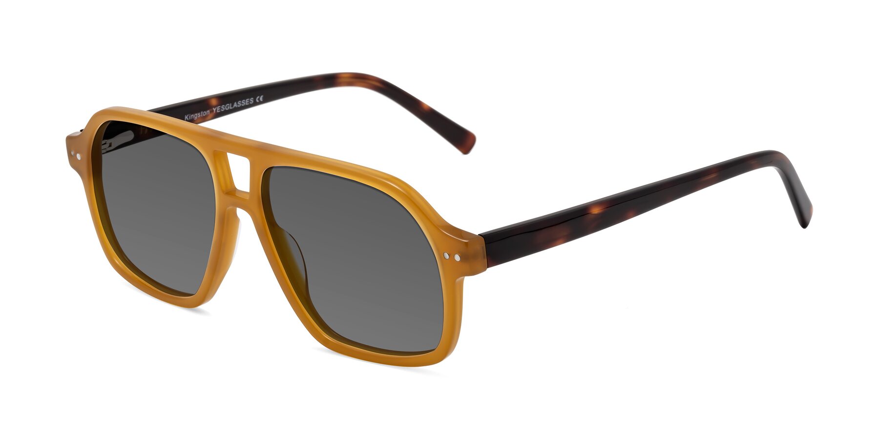 Angle of Kingston in Caramel-Tortoise with Medium Gray Tinted Lenses