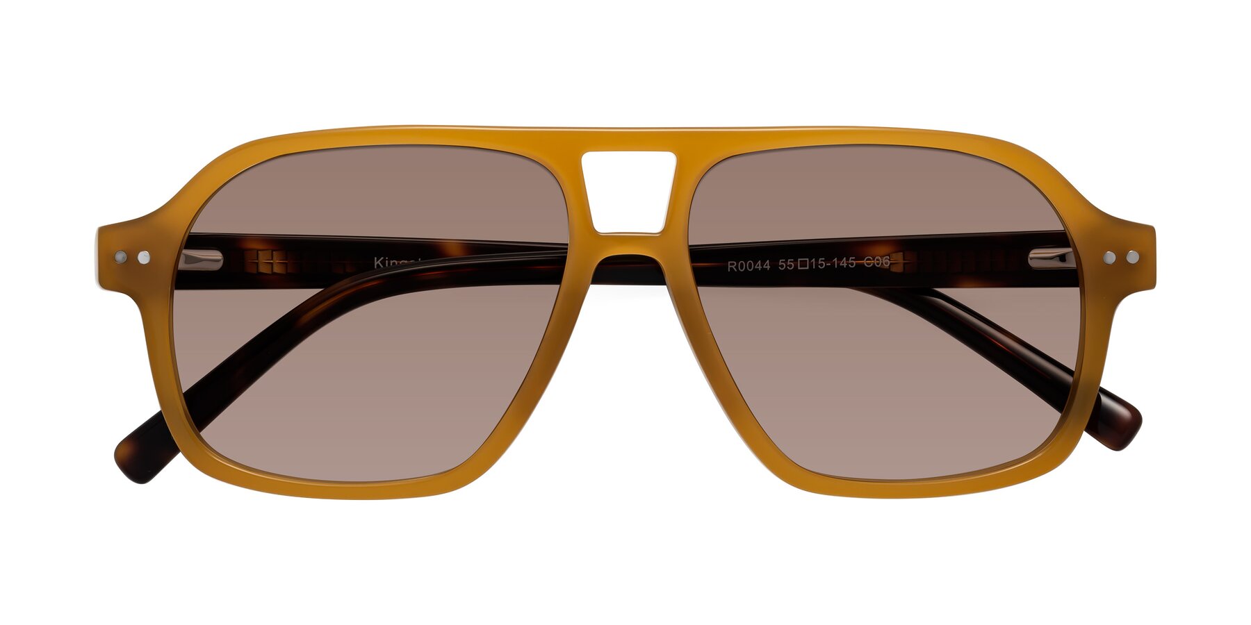 Folded Front of Kingston in Caramel-Tortoise with Medium Brown Tinted Lenses