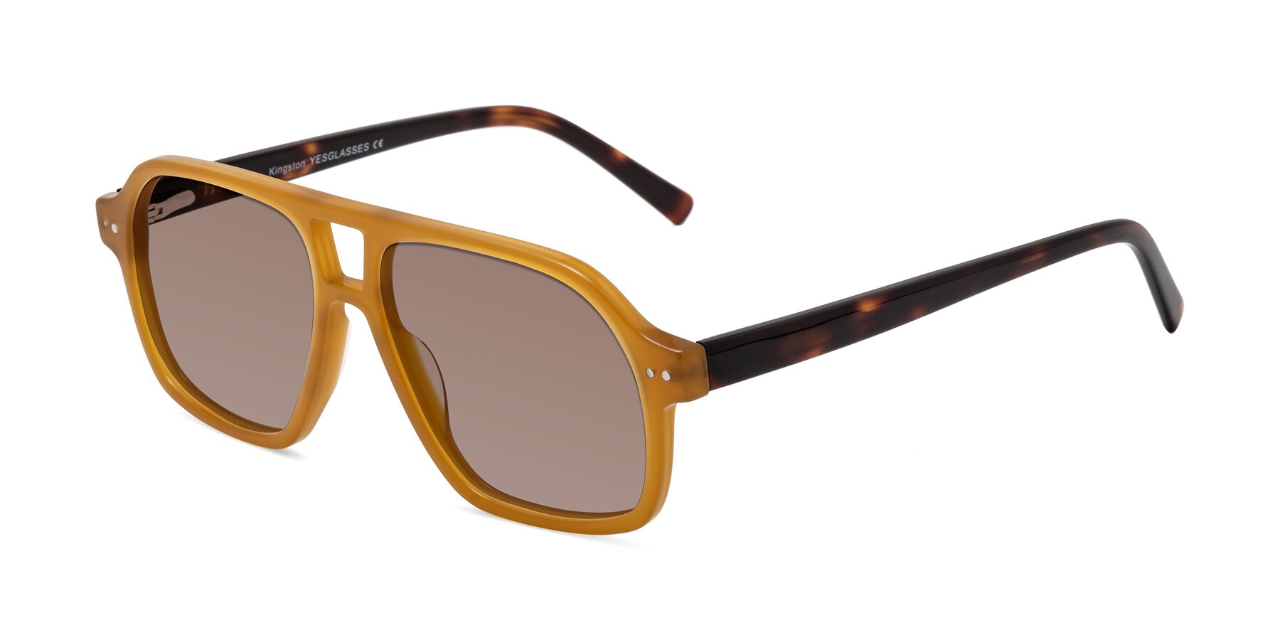 Angle of Kingston in Caramel-Tortoise with Medium Brown Tinted Lenses