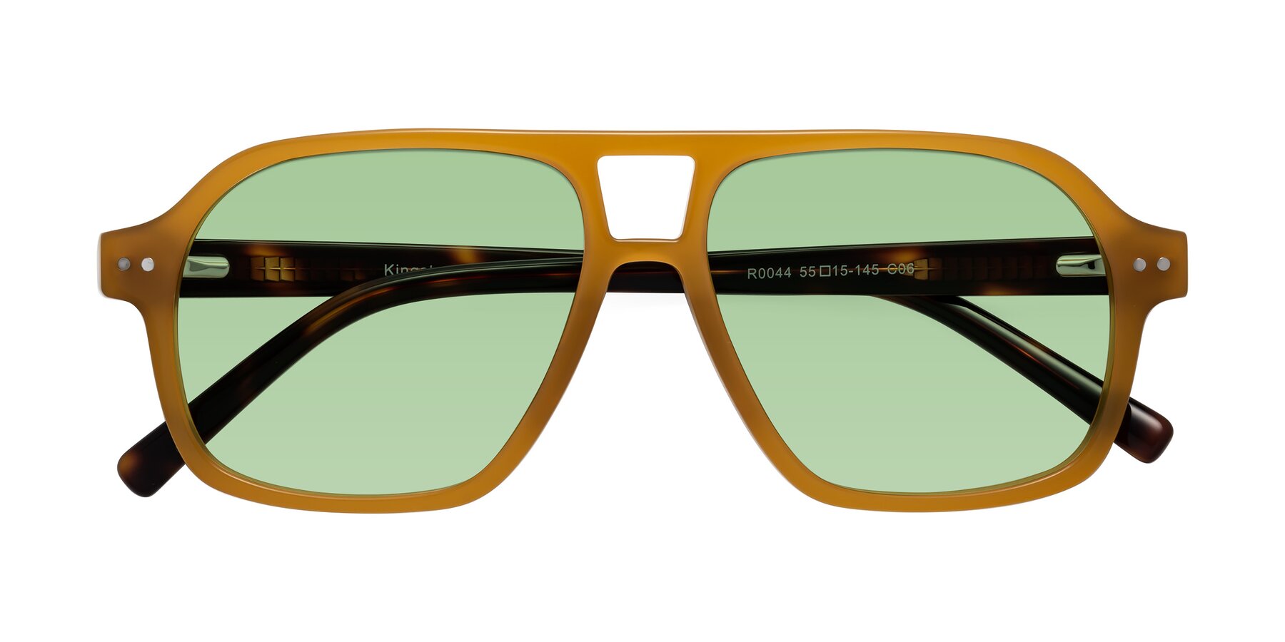 Folded Front of Kingston in Caramel-Tortoise with Medium Green Tinted Lenses