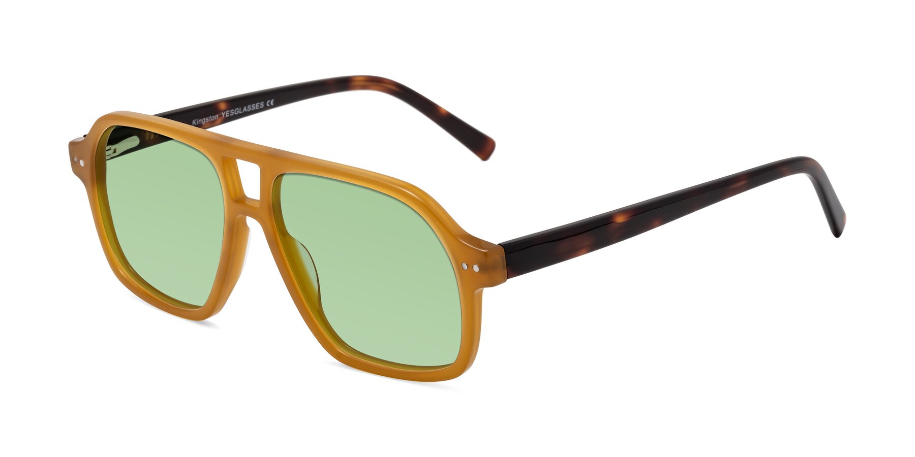 Angle of Kingston in Caramel-Tortoise with Medium Green Tinted Lenses