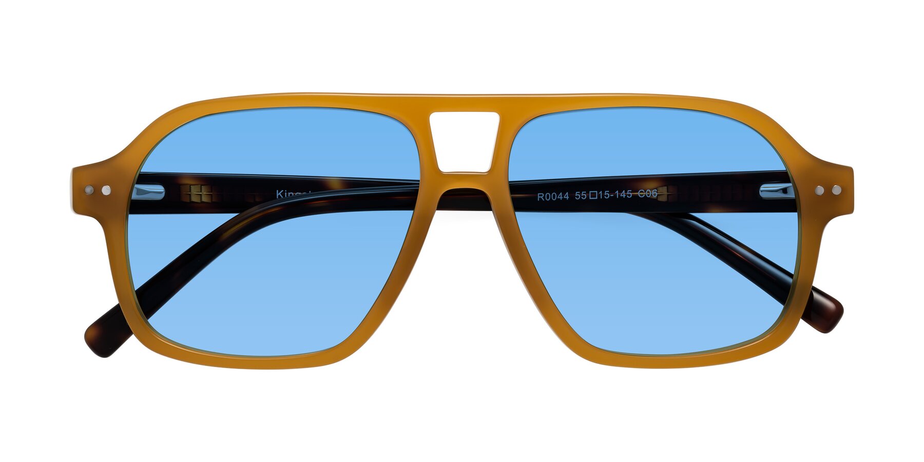 Folded Front of Kingston in Caramel-Tortoise with Medium Blue Tinted Lenses