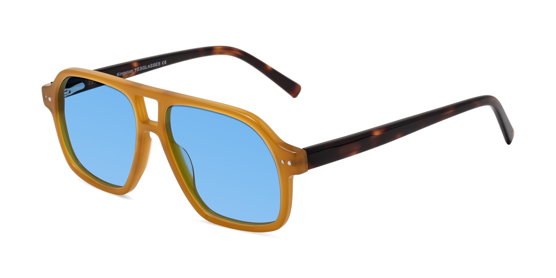 Angle of Kingston in Caramel-Tortoise with Medium Blue Tinted Lenses