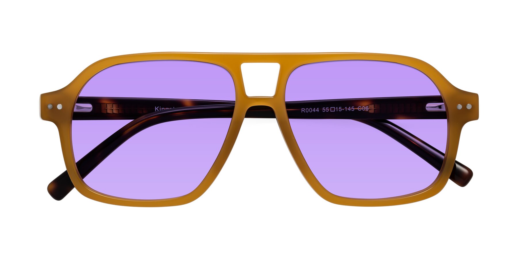 Folded Front of Kingston in Caramel-Tortoise with Medium Purple Tinted Lenses