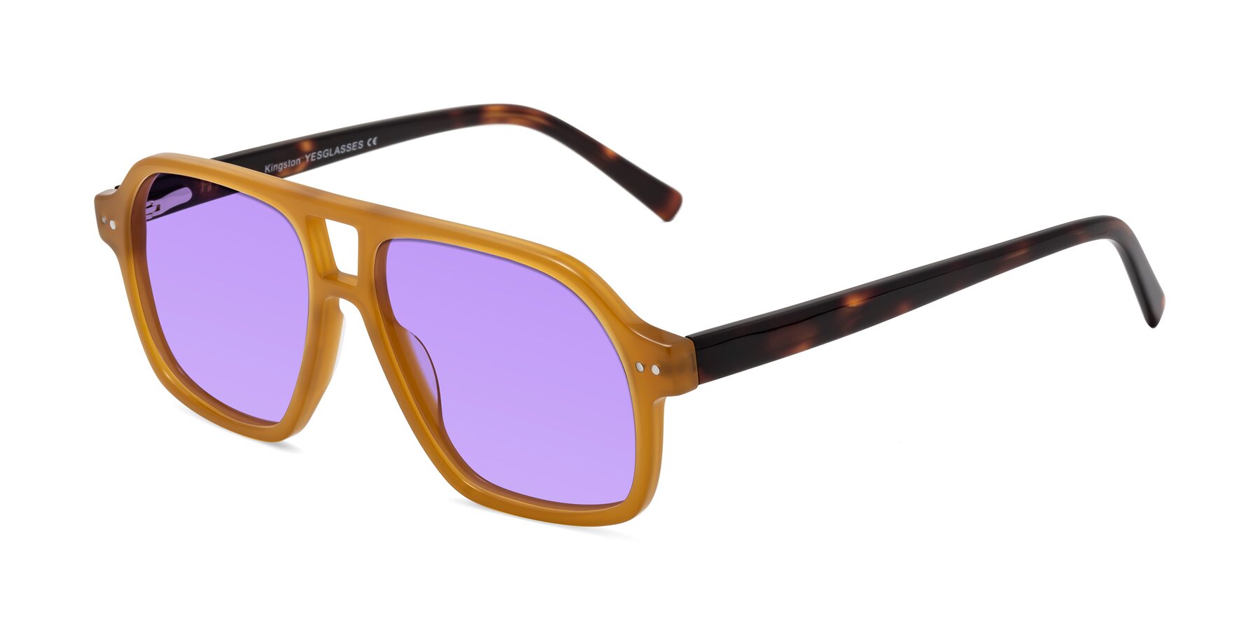 Angle of Kingston in Caramel-Tortoise with Medium Purple Tinted Lenses