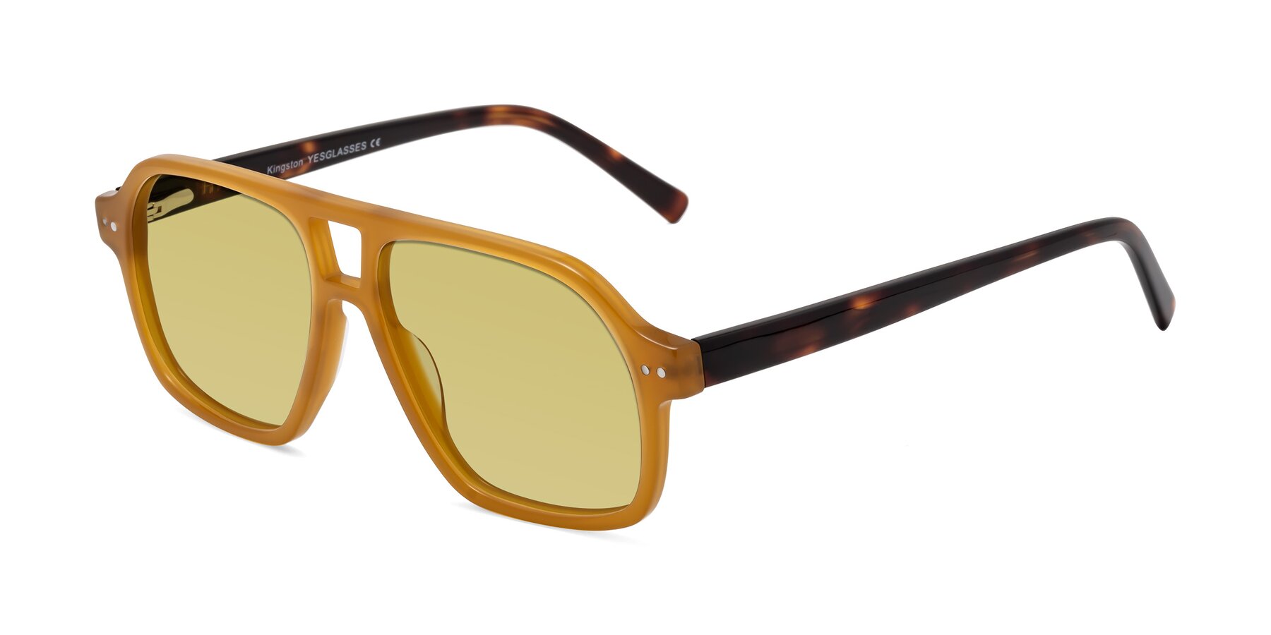 Angle of Kingston in Caramel-Tortoise with Medium Champagne Tinted Lenses