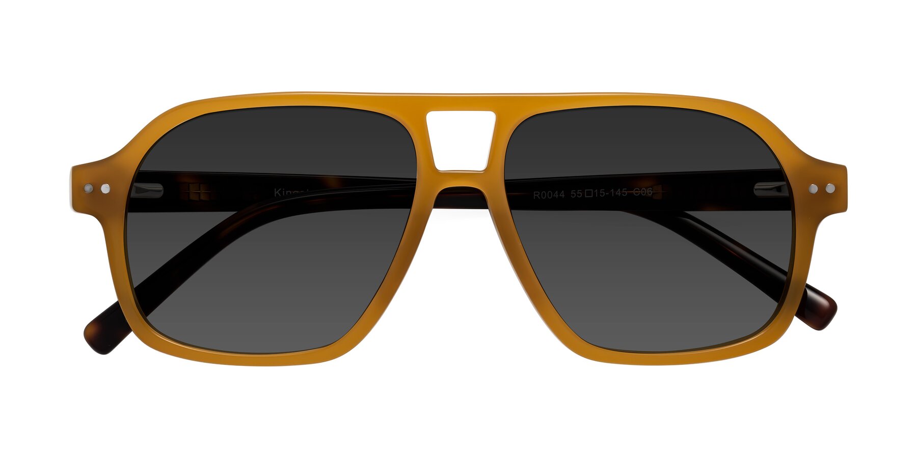 Folded Front of Kingston in Caramel-Tortoise with Gray Tinted Lenses