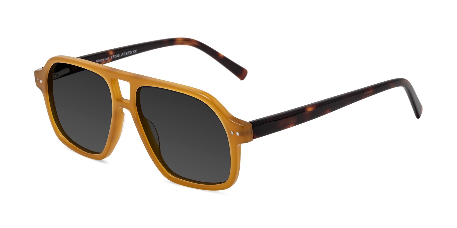 Angle of Kingston in Caramel-Tortoise with Gray Tinted Lenses