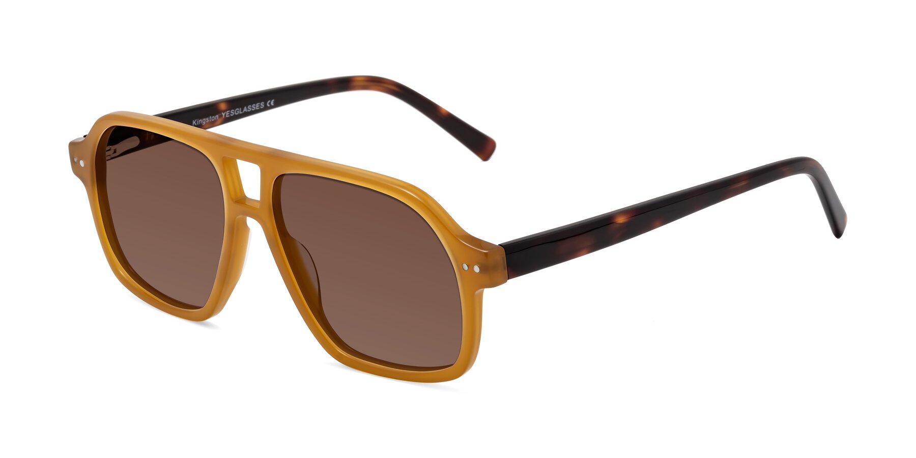 Angle of Kingston in Caramel-Tortoise with Brown Tinted Lenses