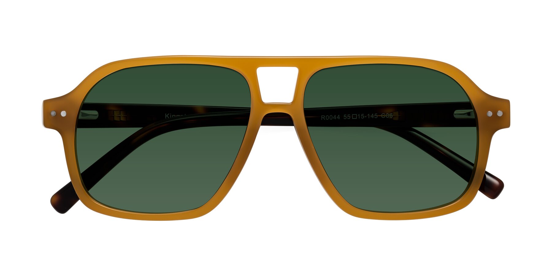 Folded Front of Kingston in Caramel-Tortoise with Green Tinted Lenses