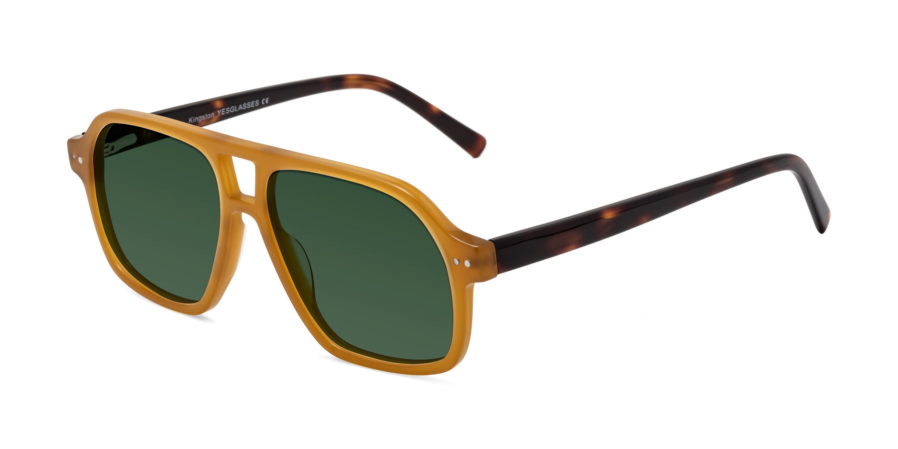 Angle of Kingston in Caramel-Tortoise with Green Tinted Lenses