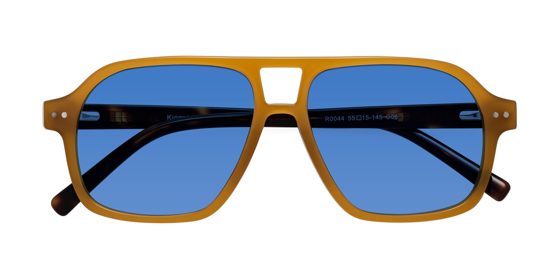 Folded Front of Kingston in Caramel-Tortoise with Blue Tinted Lenses