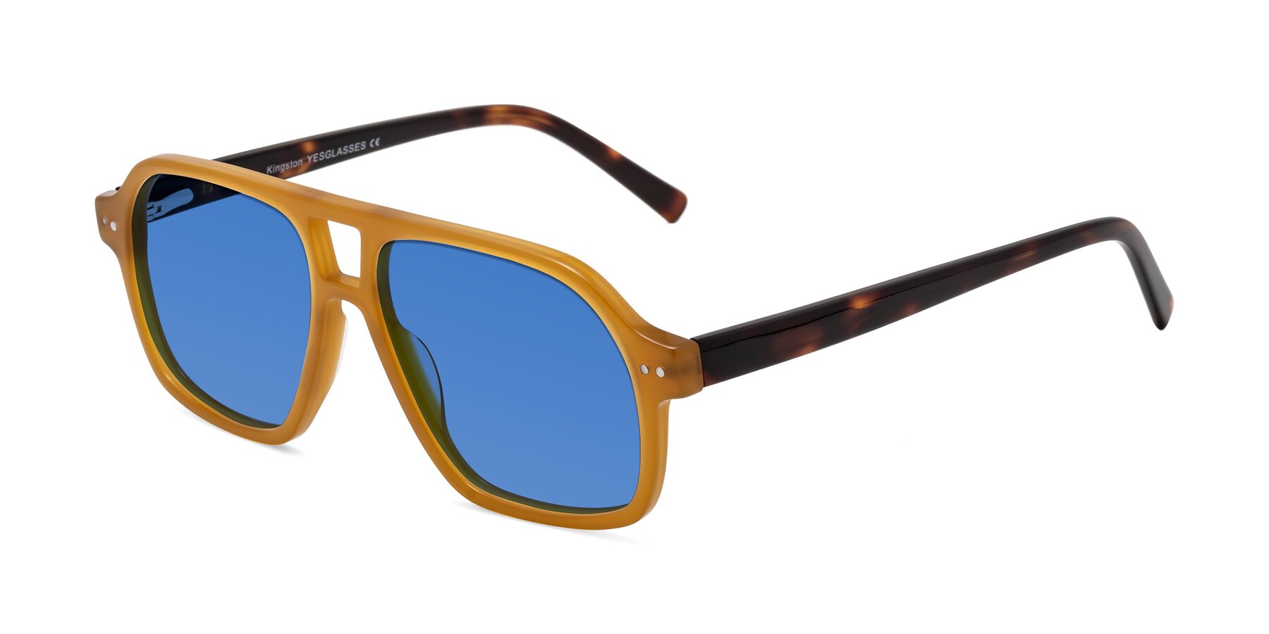 Angle of Kingston in Caramel-Tortoise with Blue Tinted Lenses