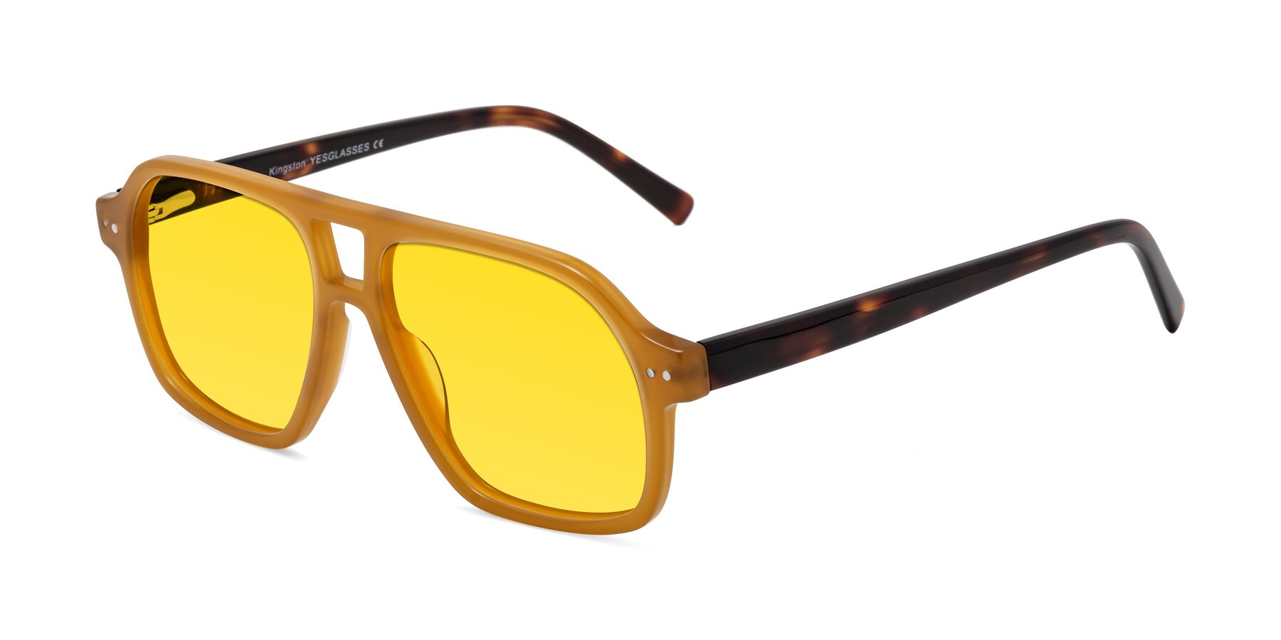 Angle of Kingston in Caramel-Tortoise with Yellow Tinted Lenses