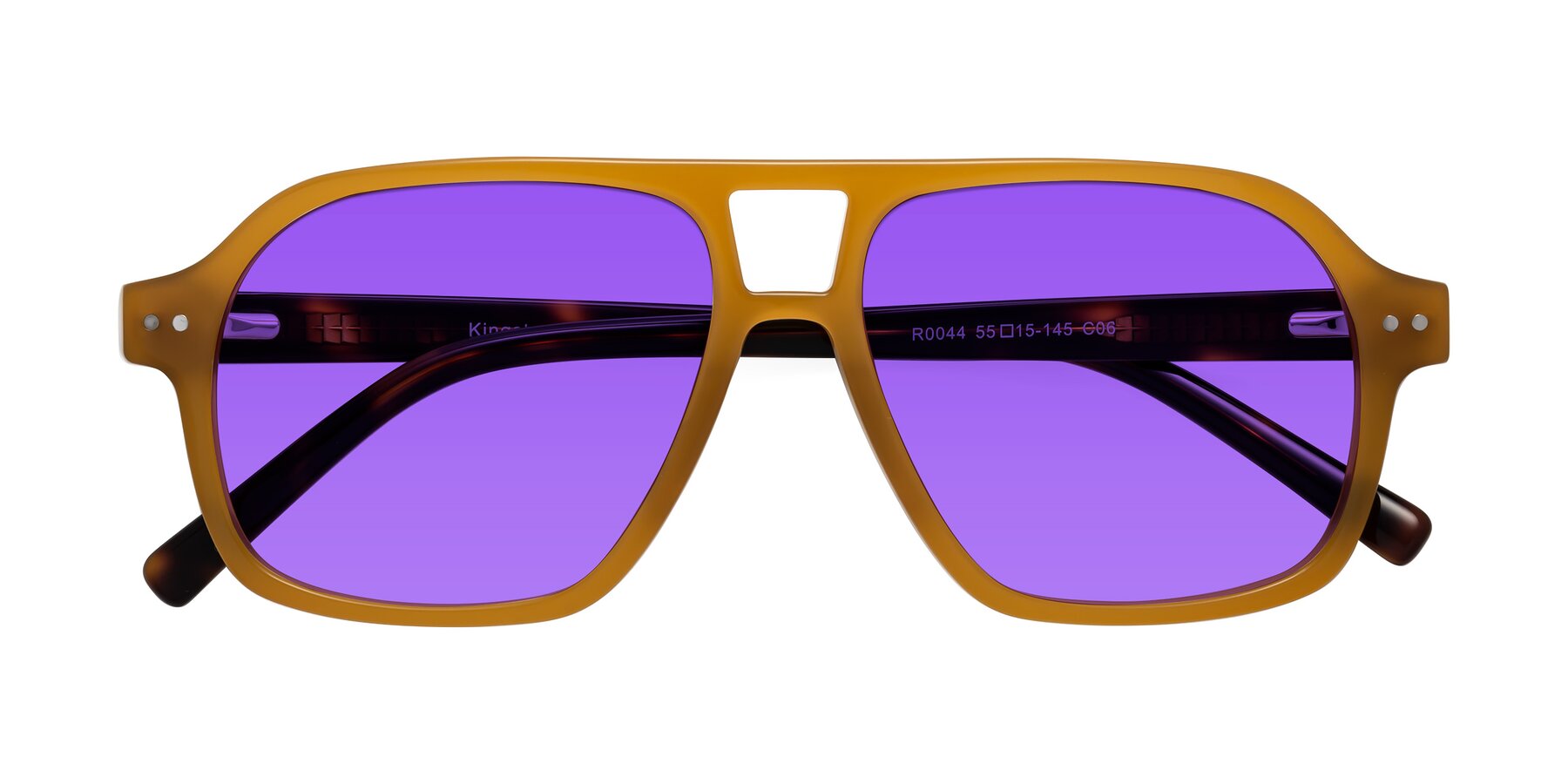 Folded Front of Kingston in Caramel-Tortoise with Purple Tinted Lenses