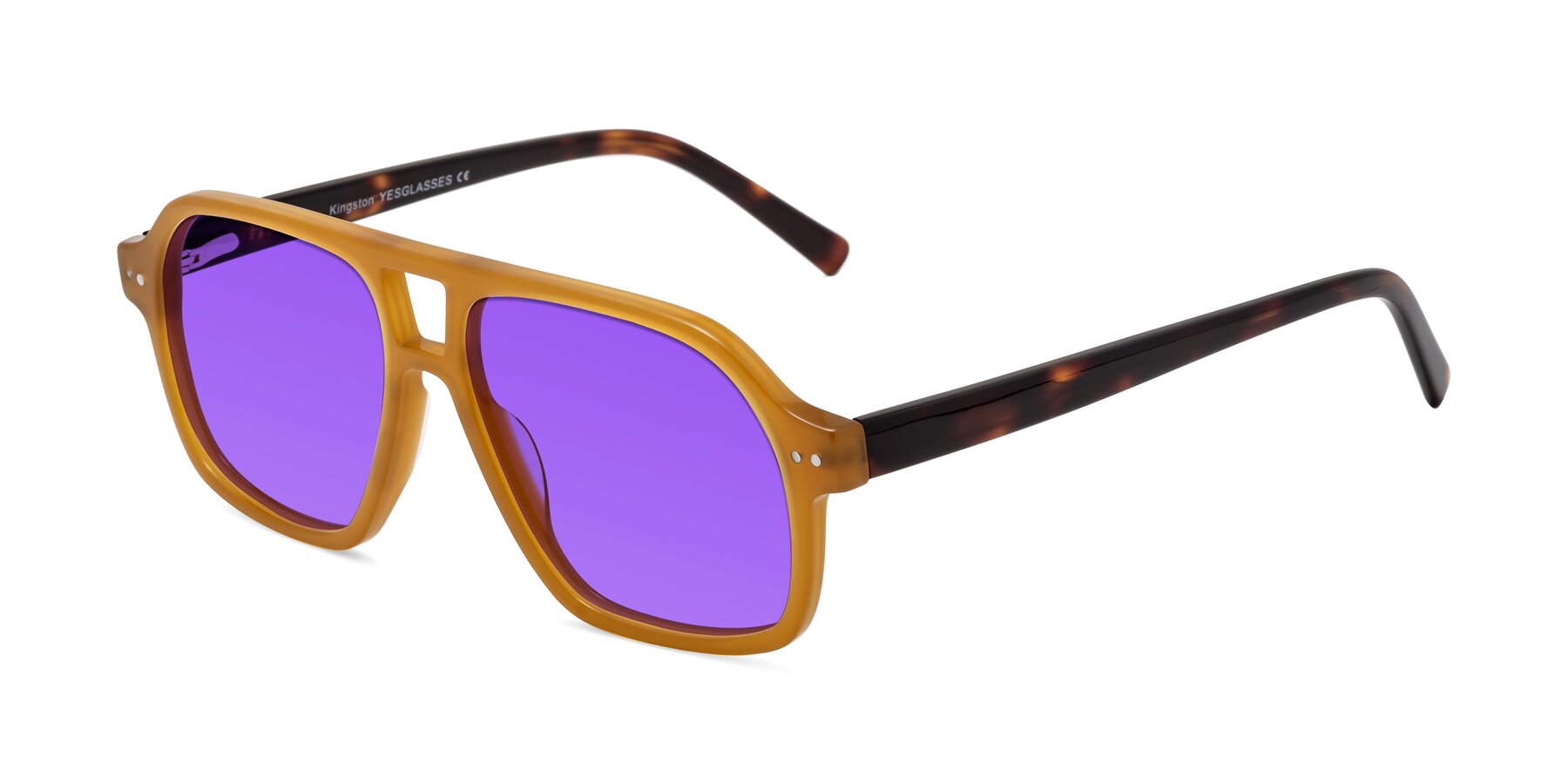 Angle of Kingston in Caramel-Tortoise with Purple Tinted Lenses