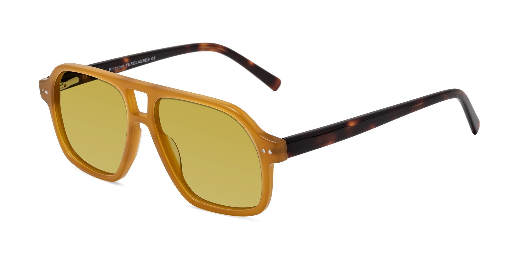 Angle of Kingston in Caramel-Tortoise with Champagne Tinted Lenses