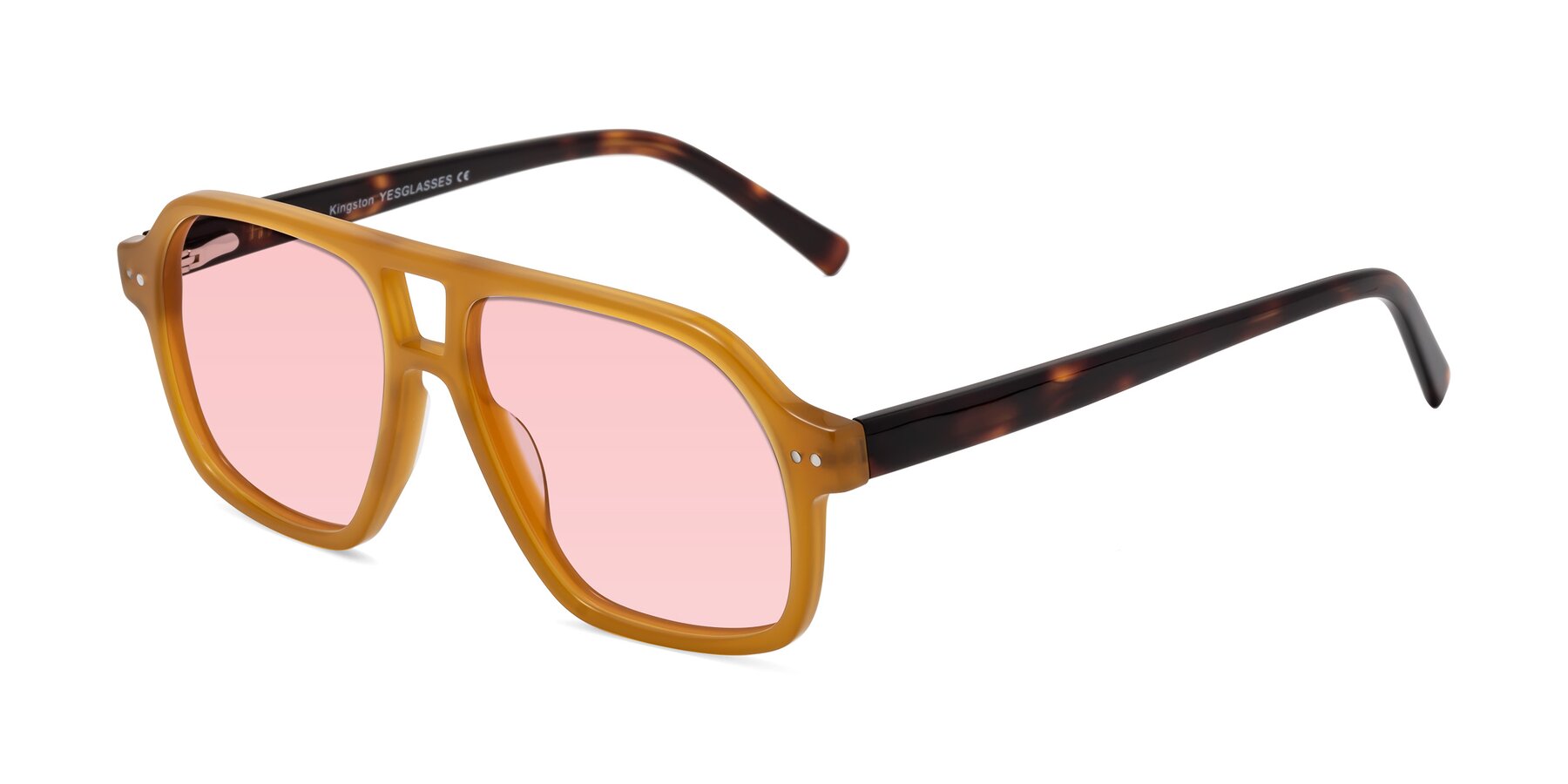 Angle of Kingston in Caramel-Tortoise with Light Garnet Tinted Lenses