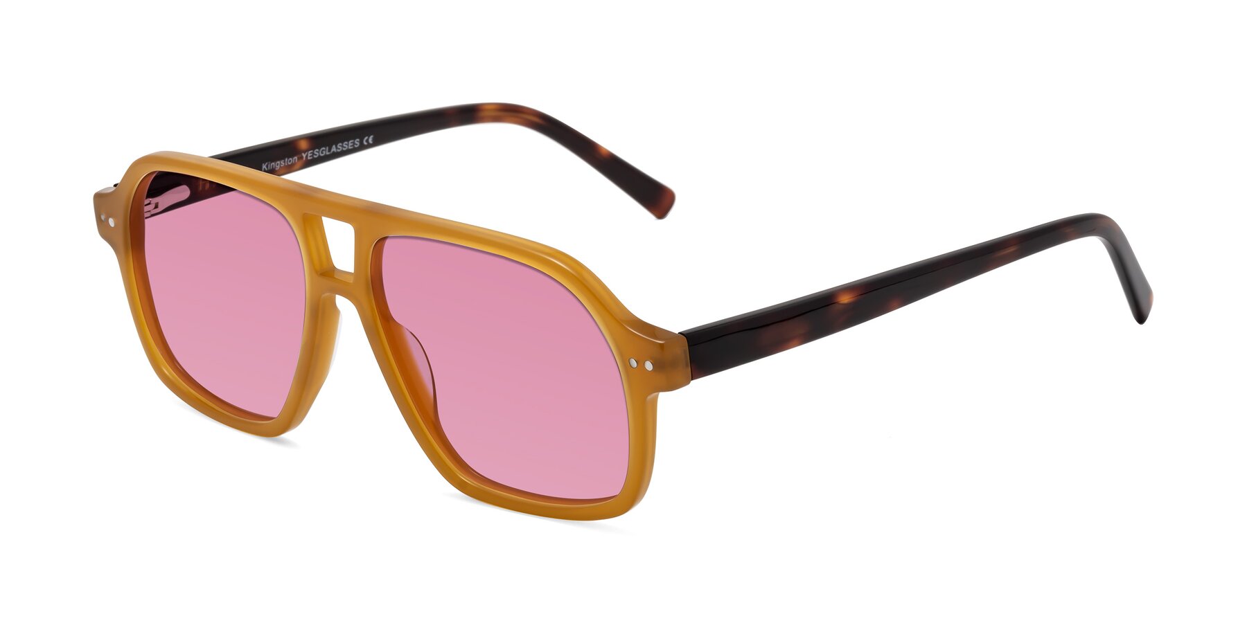 Angle of Kingston in Caramel-Tortoise with Medium Wine Tinted Lenses