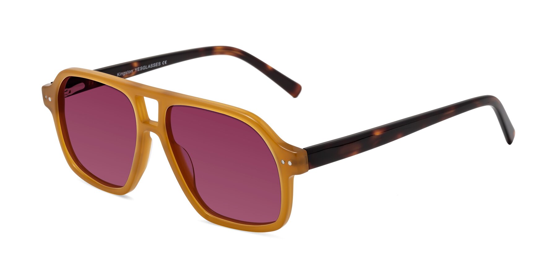 Angle of Kingston in Caramel-Tortoise with Wine Tinted Lenses