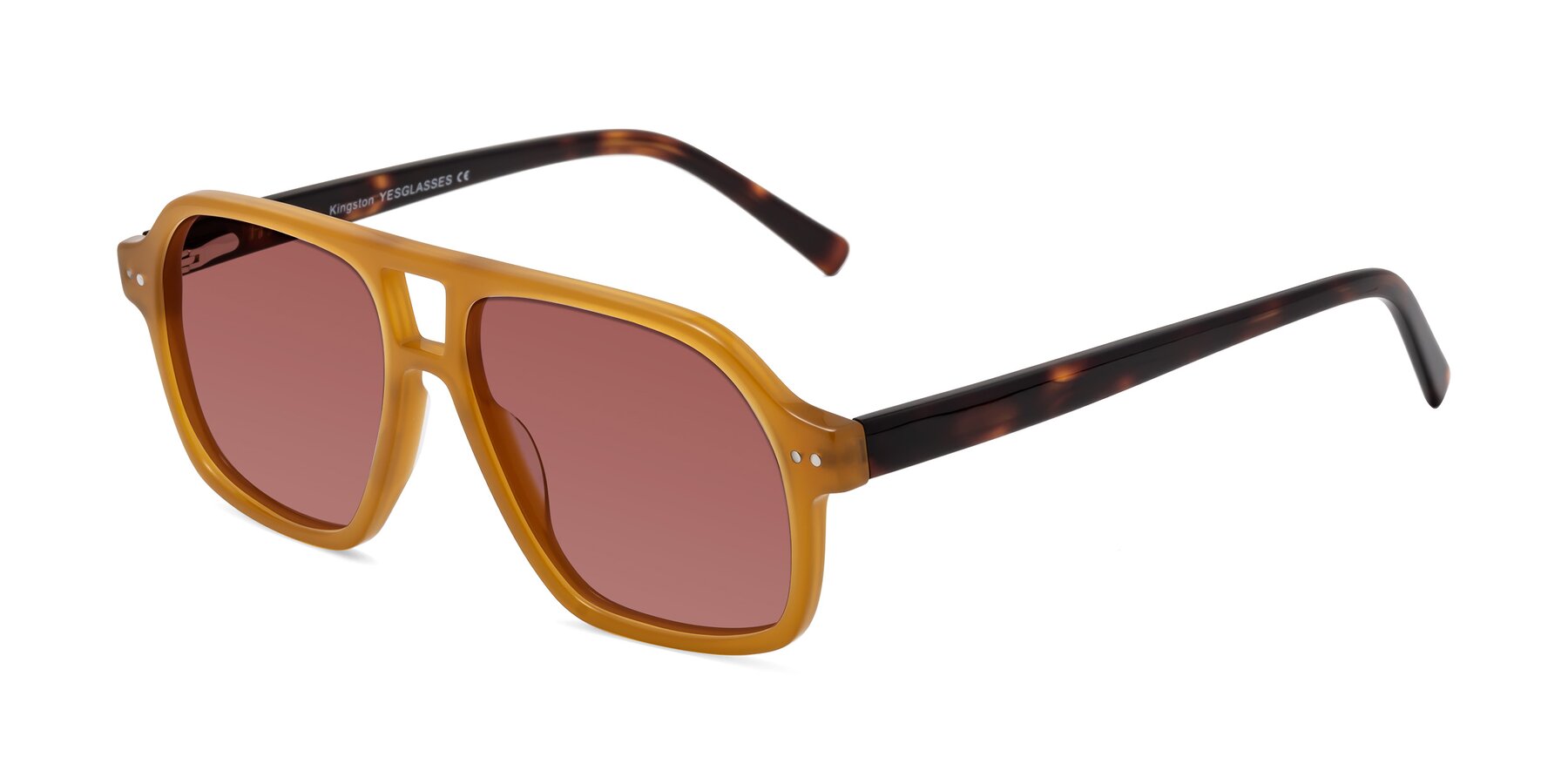 Angle of Kingston in Caramel-Tortoise with Garnet Tinted Lenses