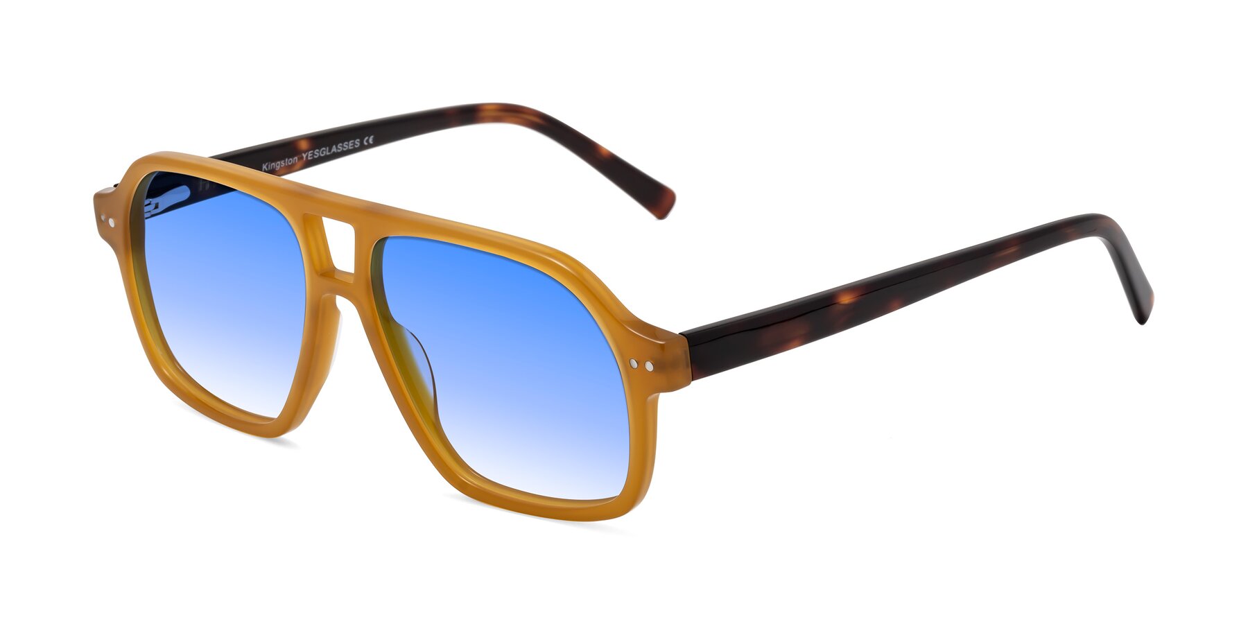 Angle of Kingston in Caramel-Tortoise with Blue Gradient Lenses