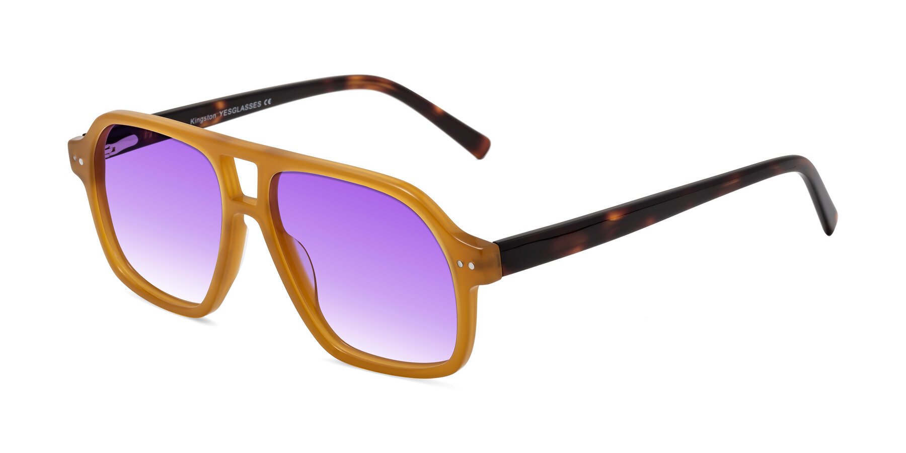 Angle of Kingston in Caramel-Tortoise with Purple Gradient Lenses