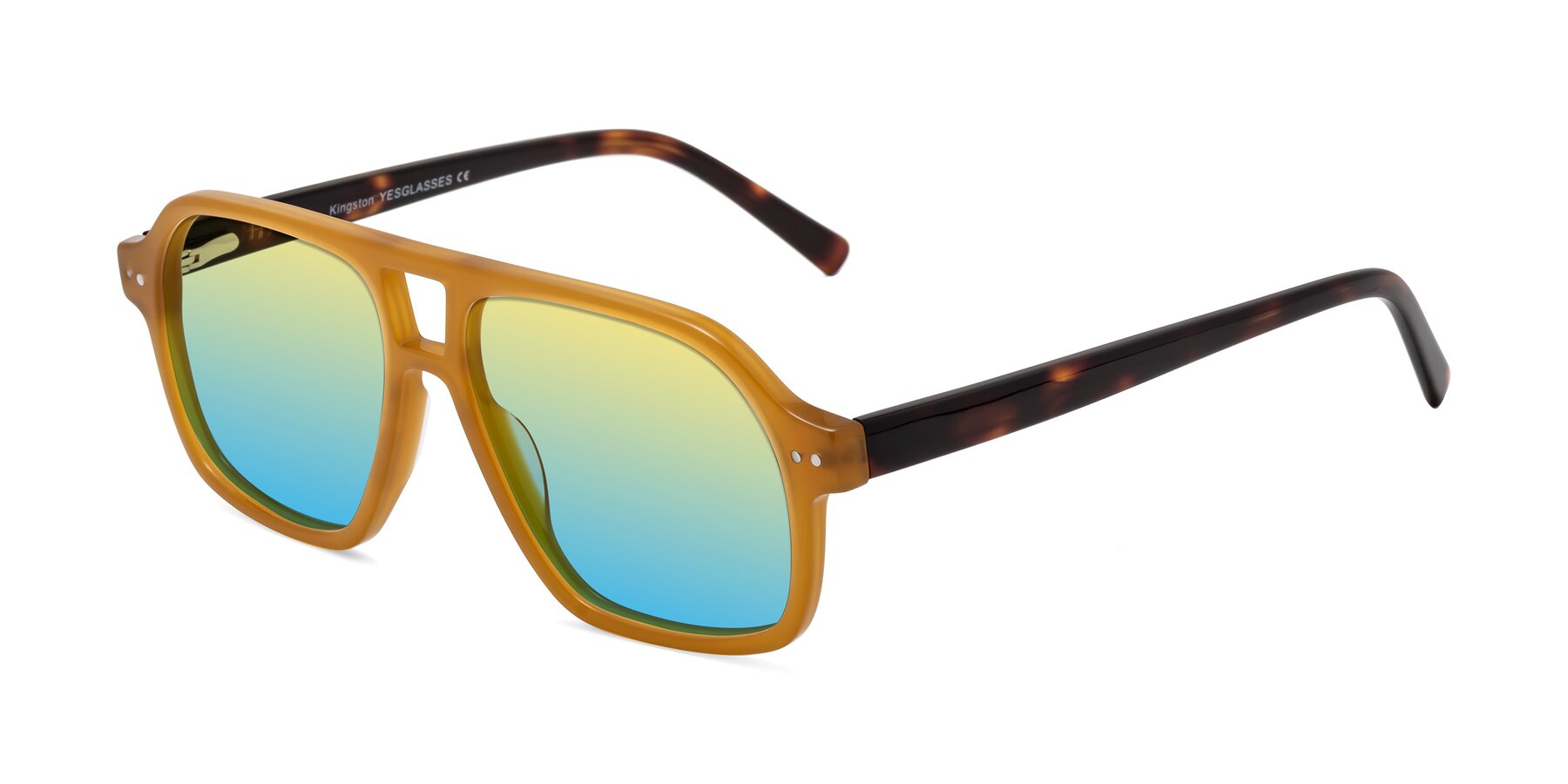 Angle of Kingston in Caramel-Tortoise with Yellow / Blue Gradient Lenses