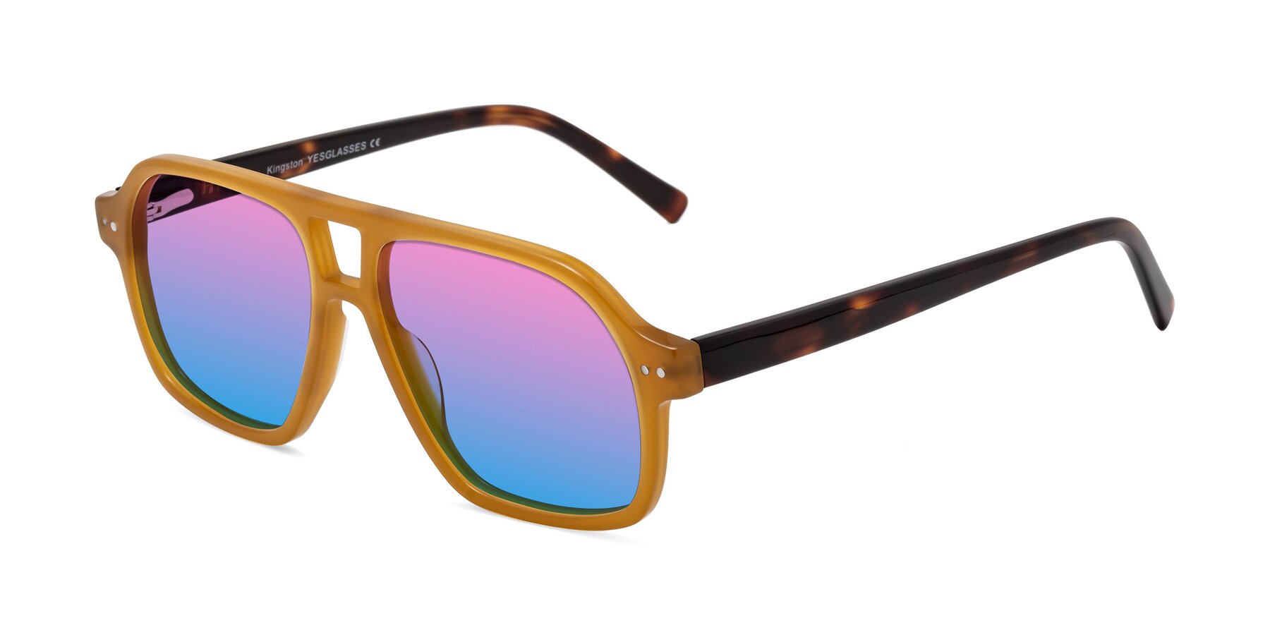 Angle of Kingston in Caramel-Tortoise with Pink / Blue Gradient Lenses