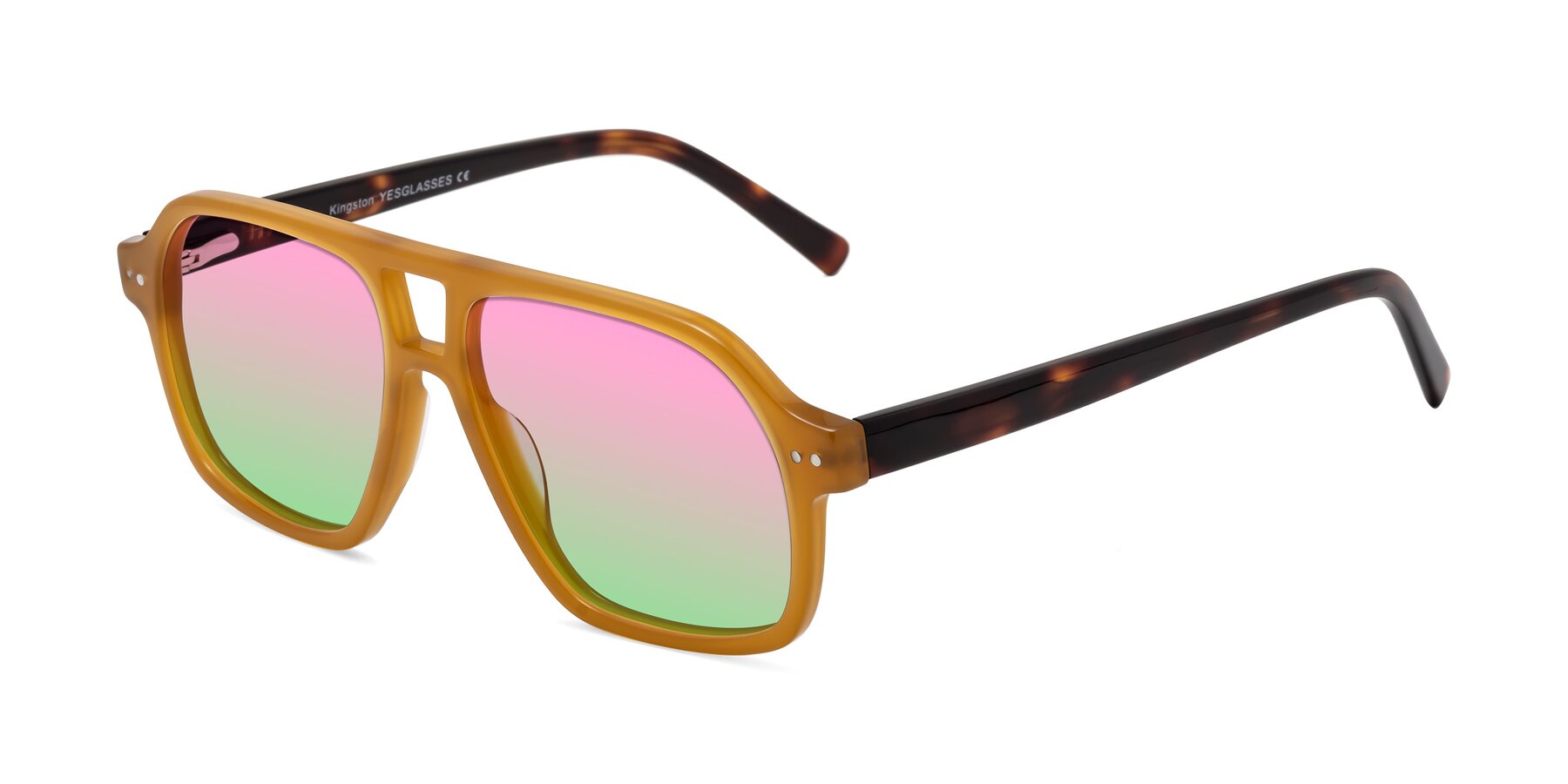 Angle of Kingston in Caramel-Tortoise with Pink / Green Gradient Lenses