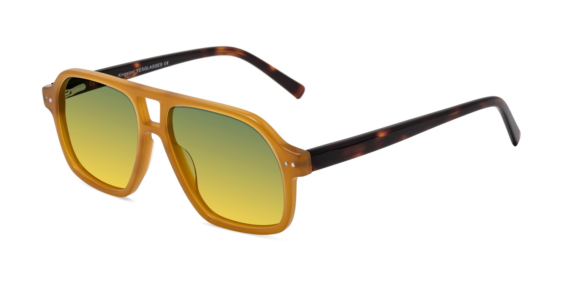 Angle of Kingston in Caramel-Tortoise with Green / Yellow Gradient Lenses