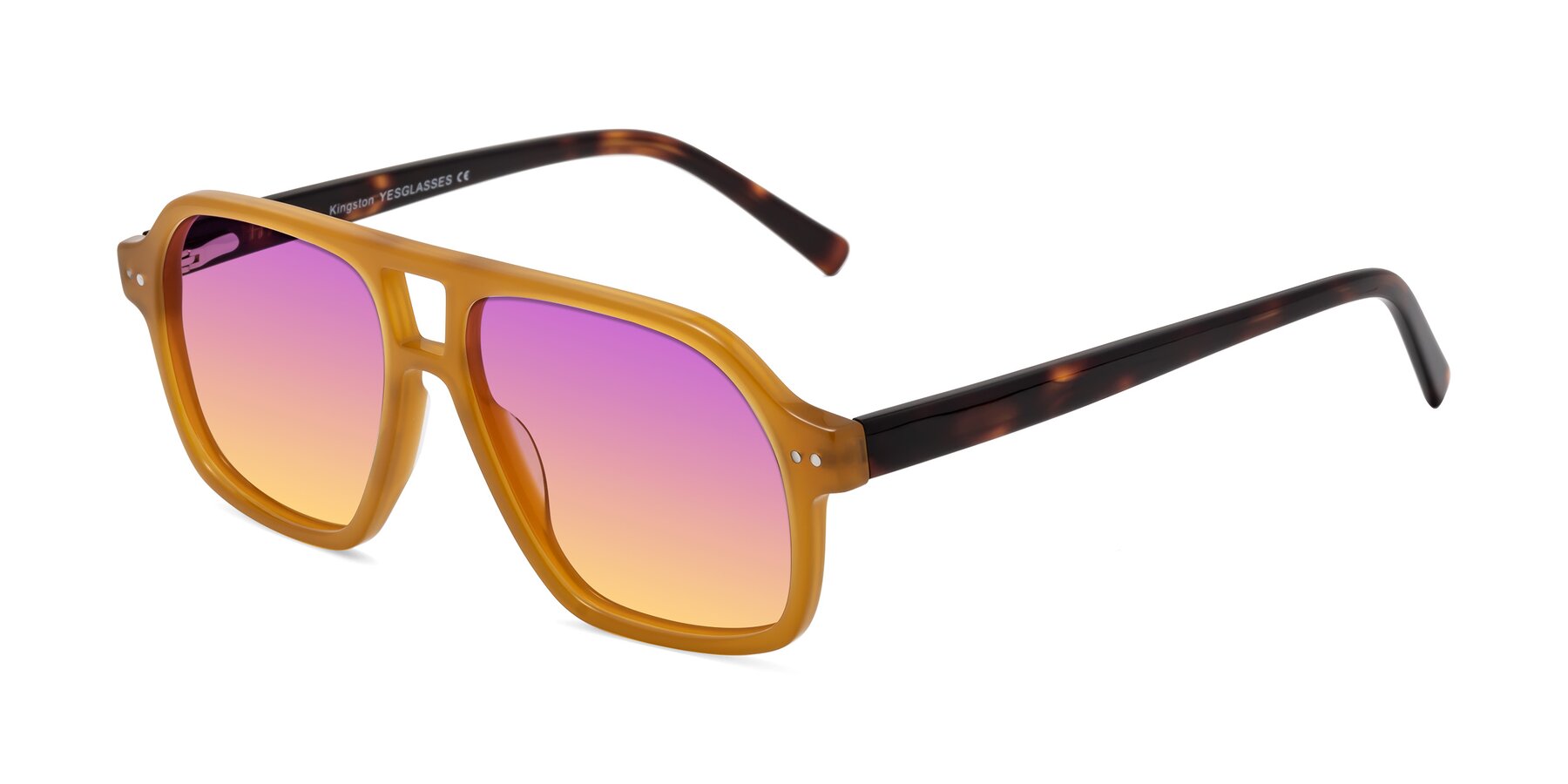 Angle of Kingston in Caramel-Tortoise with Purple / Yellow Gradient Lenses