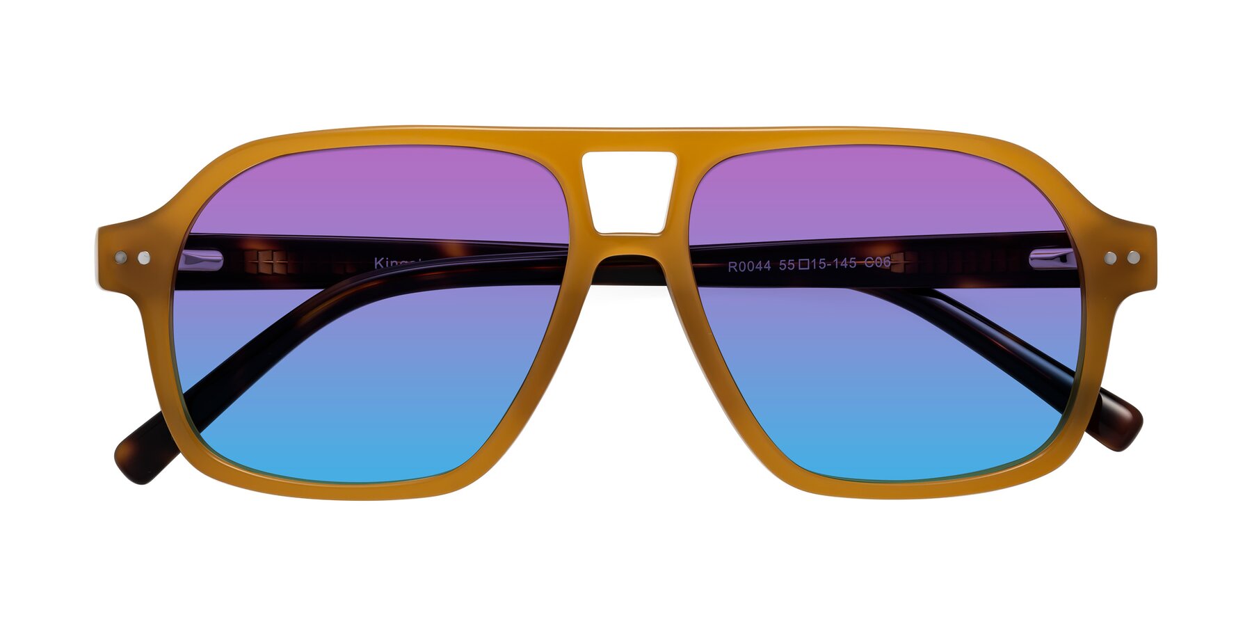 Folded Front of Kingston in Caramel-Tortoise with Purple / Blue Gradient Lenses