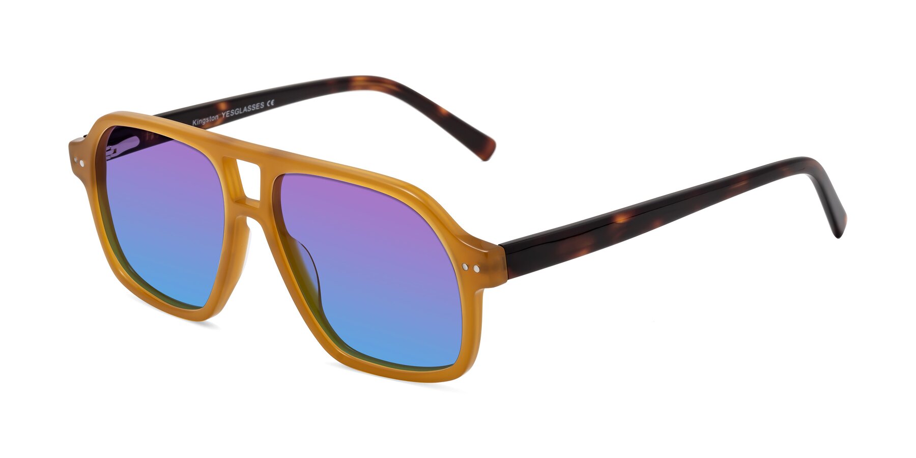 Angle of Kingston in Caramel-Tortoise with Purple / Blue Gradient Lenses